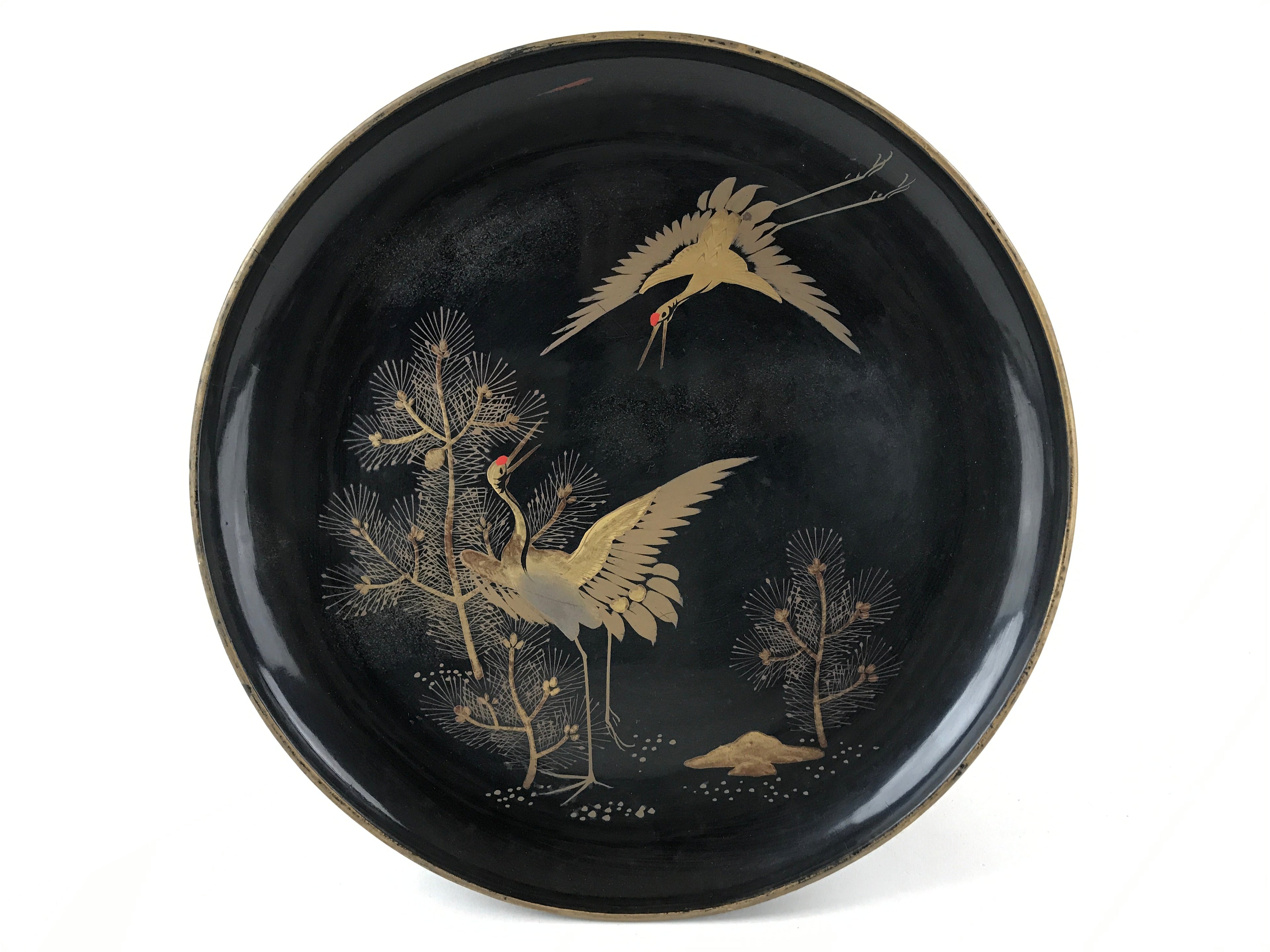 Antique Japanese Lacquered Wooden Makie Serving Table Takatsuki Crane Gold L100