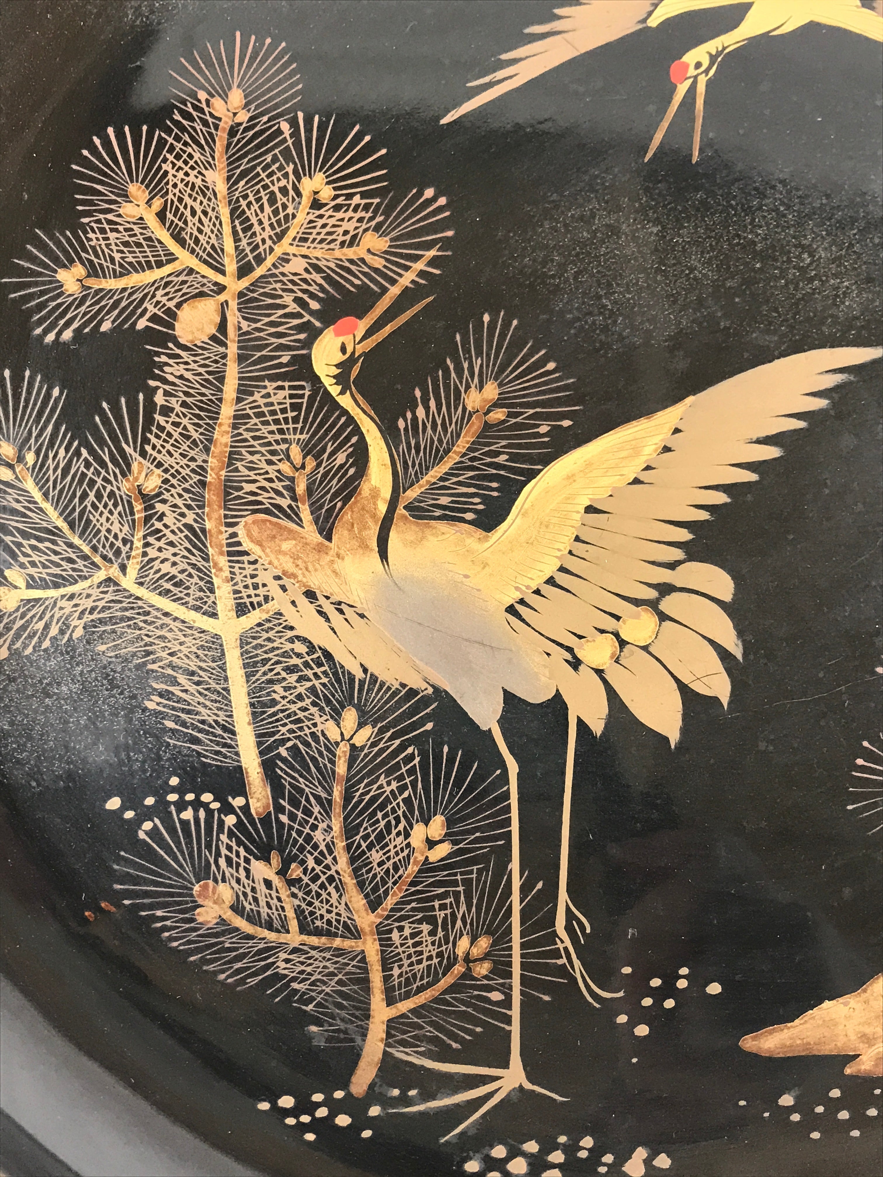 Antique Japanese Lacquered Wooden Makie Serving Table Takatsuki Crane Gold L100
