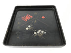 Antique Japanese Lacquered Wooden Serving Tray Obon Vtg Square Black Flag L385
