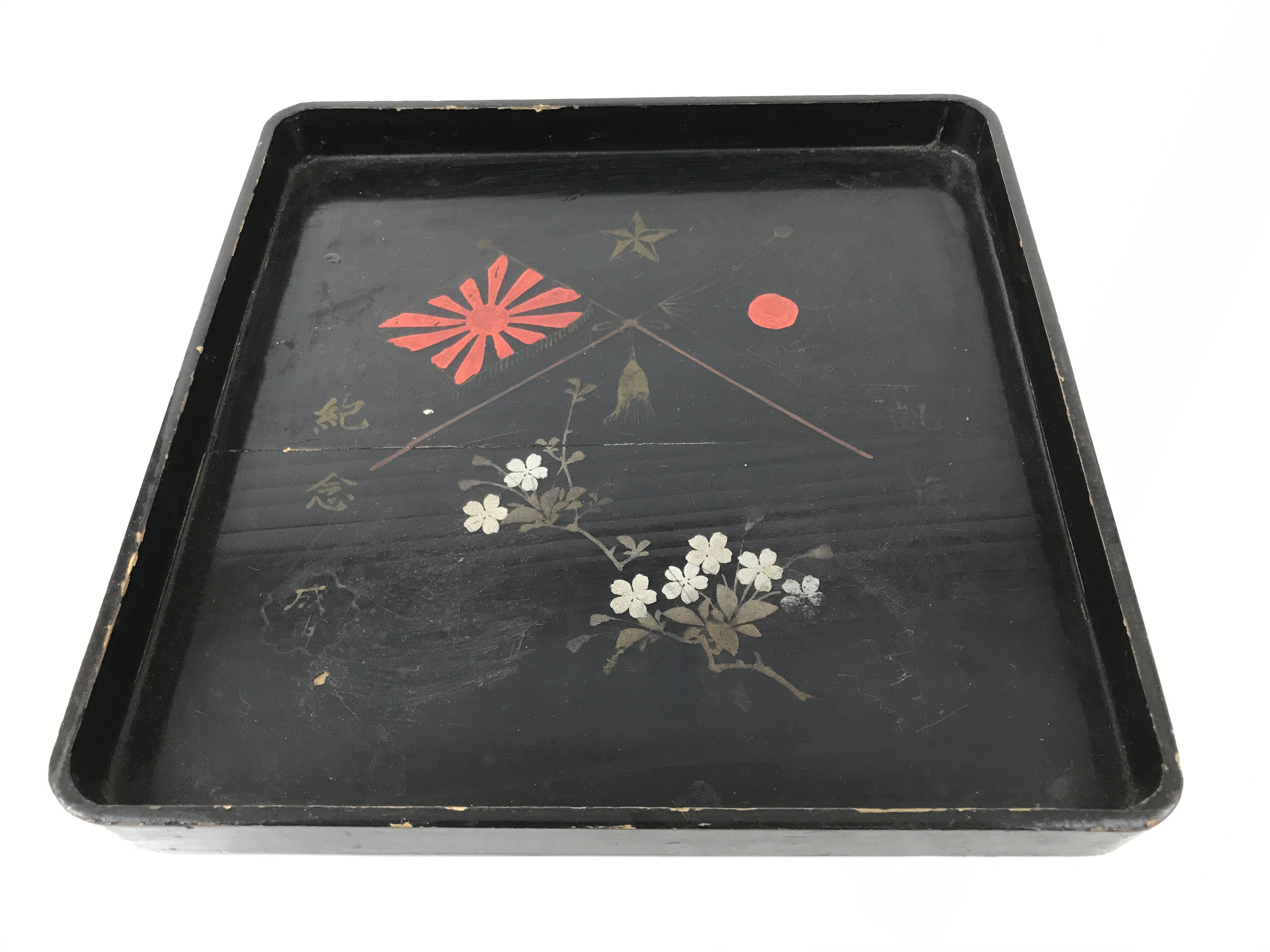 Antique Japanese Lacquered Wooden Serving Tray Obon Vtg Square Black Flag L385