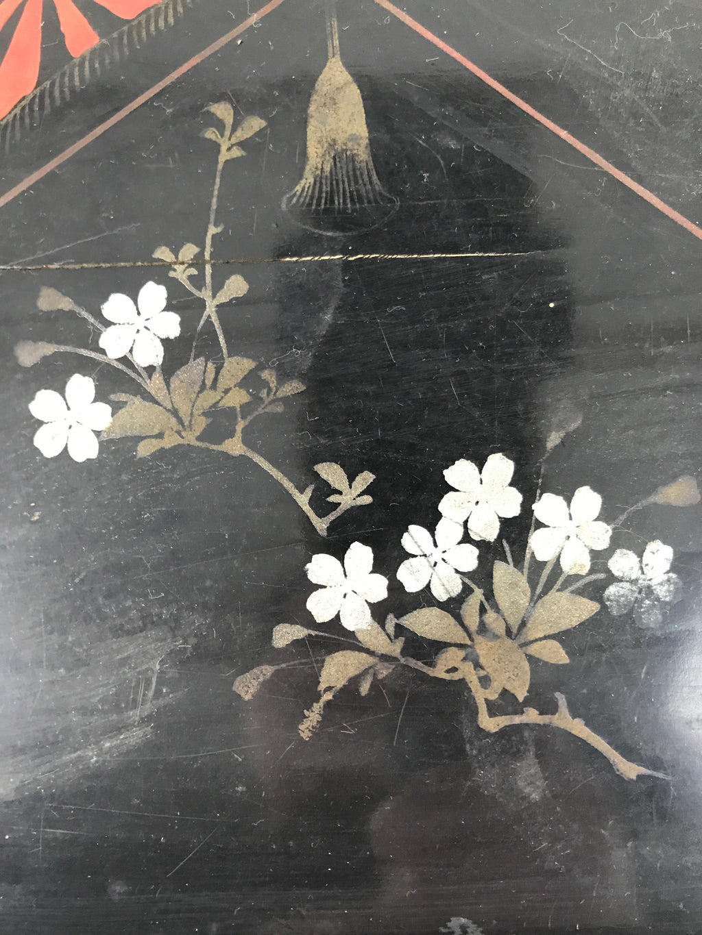 Antique Japanese Lacquered Wooden Serving Tray Obon Vtg Square Black Flag L385