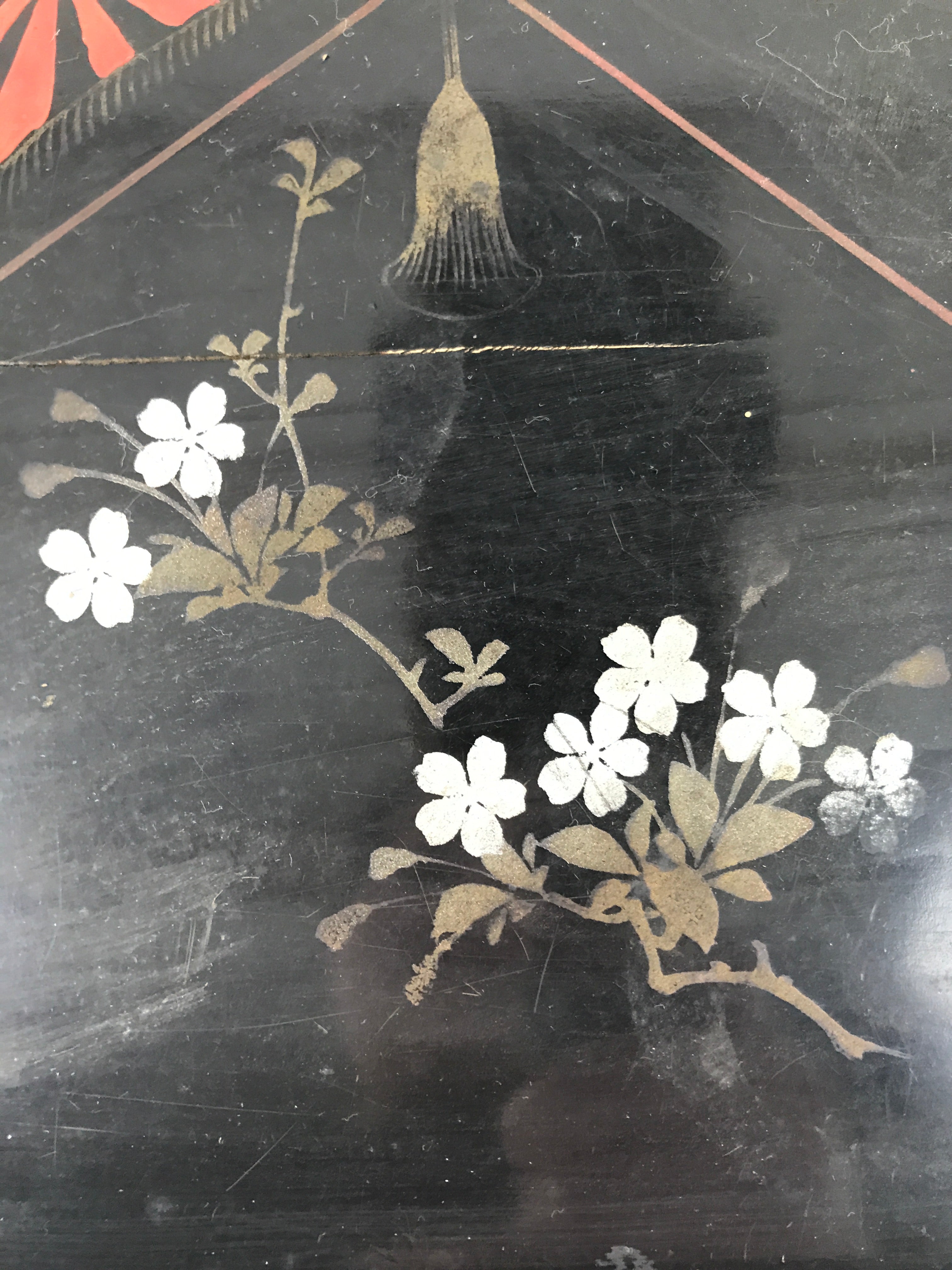 Antique Japanese Lacquered Wooden Serving Tray Obon Vtg Square Black Flag L385