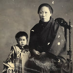 Antique Japanese Meiji Mother Child Photograph Portrait Kimono Black White PH47