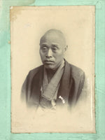 Antique Japanese Meiji Old Man Posed Portrait Photograph Kimono Black White PH48