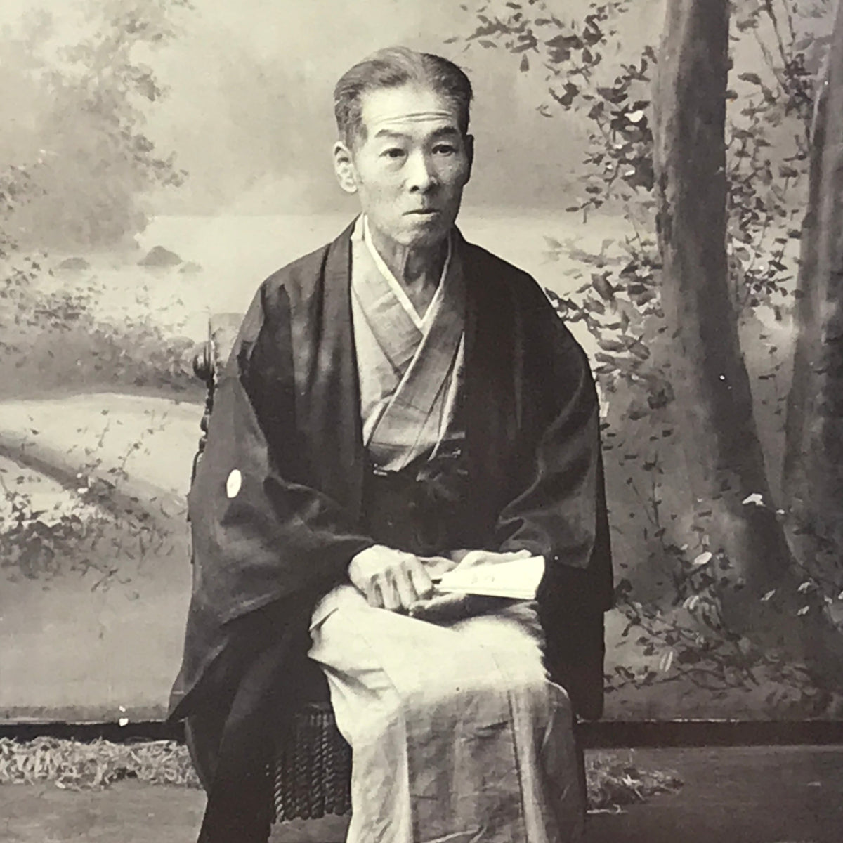 Antique Japanese Meiji Old Man Posed Portrait Photograph Kimono Black White PH49