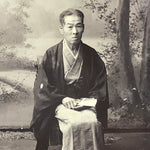 Antique Japanese Meiji Old Man Posed Portrait Photograph Kimono Black White PH49