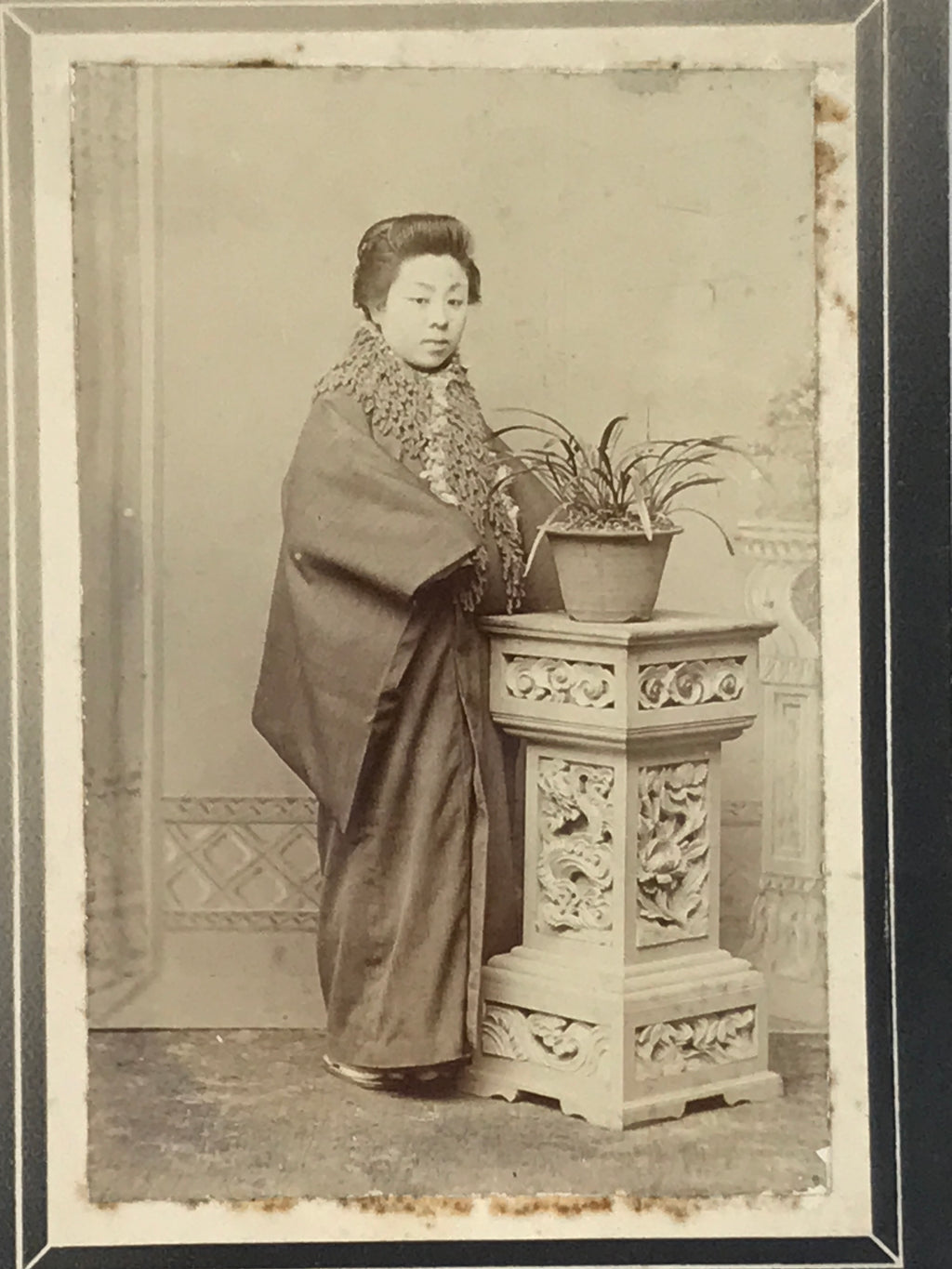 Antique Japanese Meiji Woman Posed Portrait Photograph Kimono Black White PH50