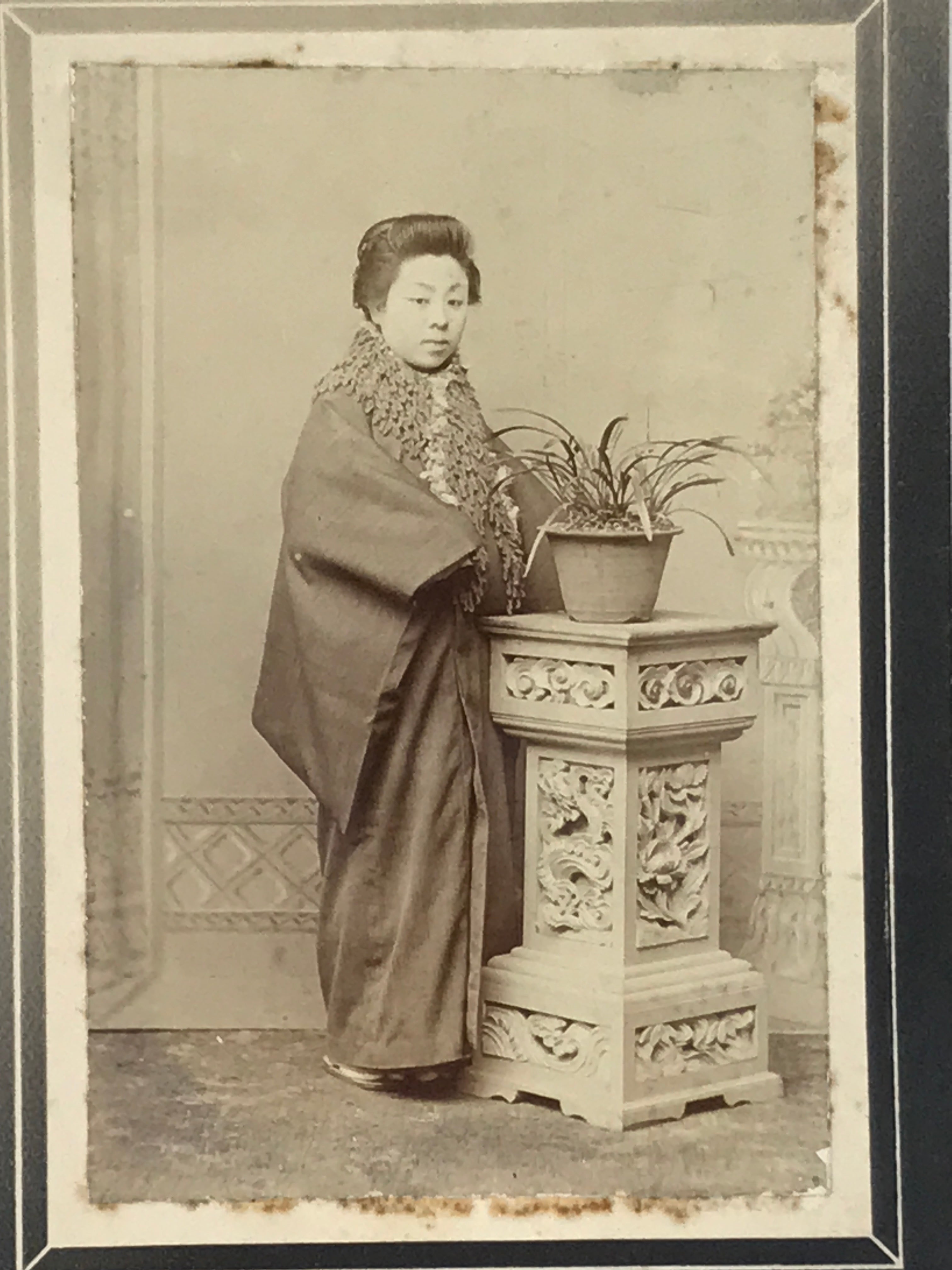 Antique Japanese Meiji Woman Posed Portrait Photograph Kimono Black White PH50