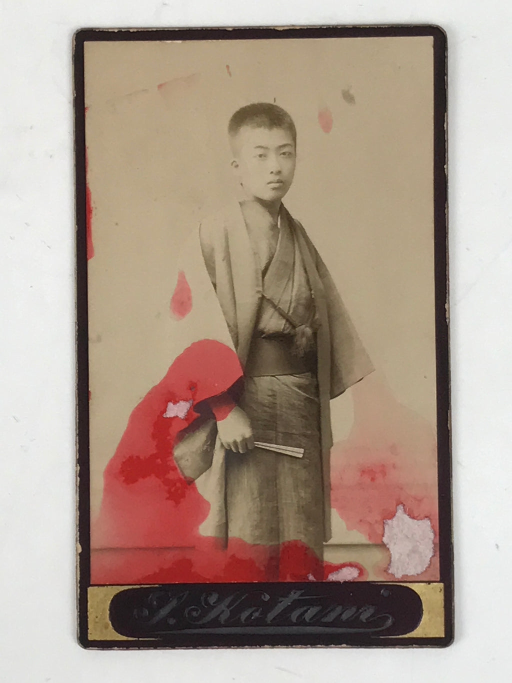 Antique Japanese Meiji Young Man Portrait Photograph Kimono Sepia Tone PH53