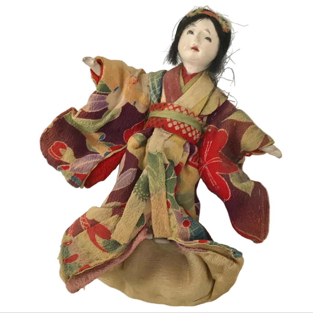 Antique Japanese Ningyo Doll Silk Kimono Gofun Head c1900 Floral