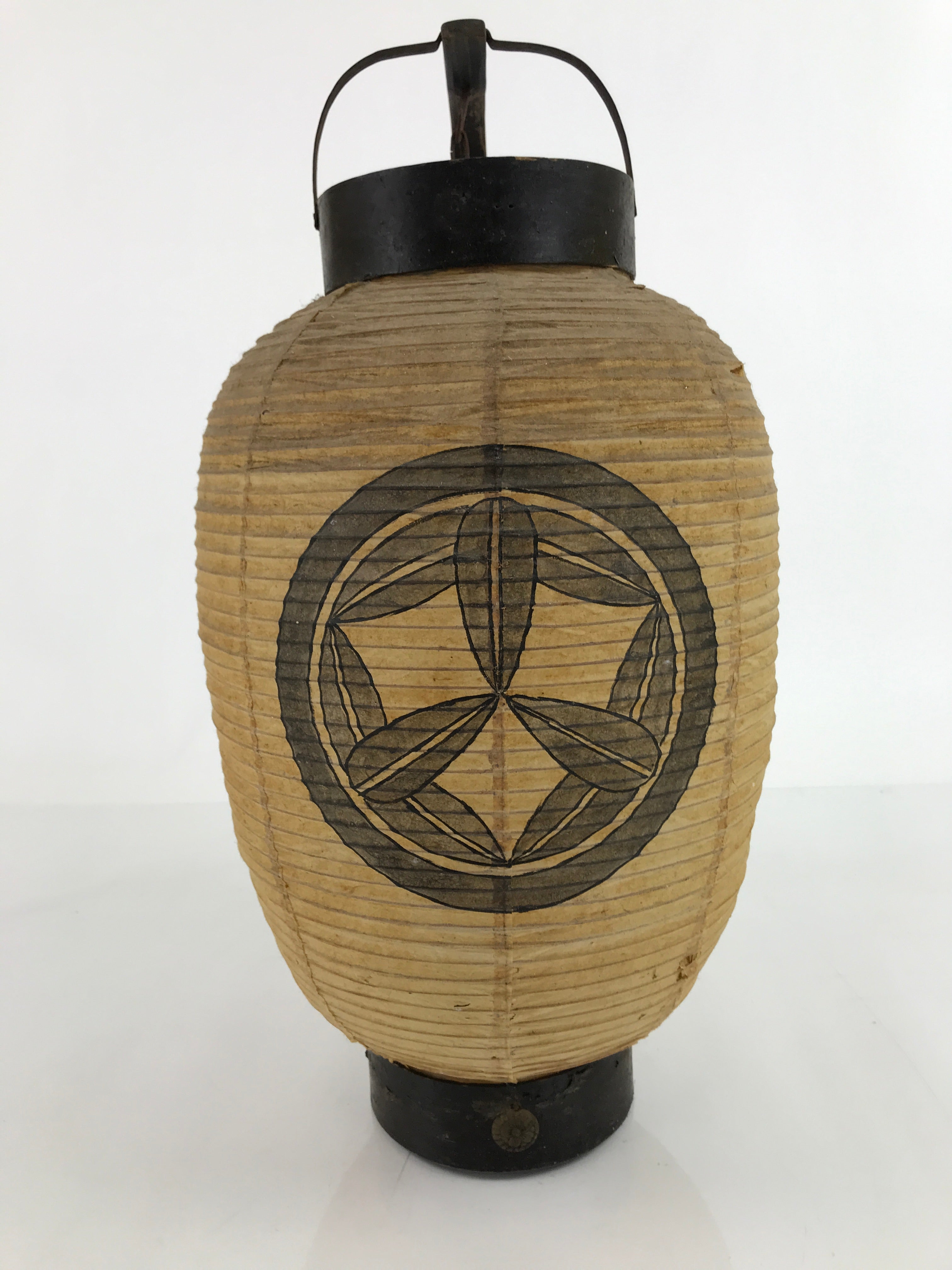Antique Japanese Paper Handheld Chochin Lantern Kamon Tonogaito Brown Black LT79
