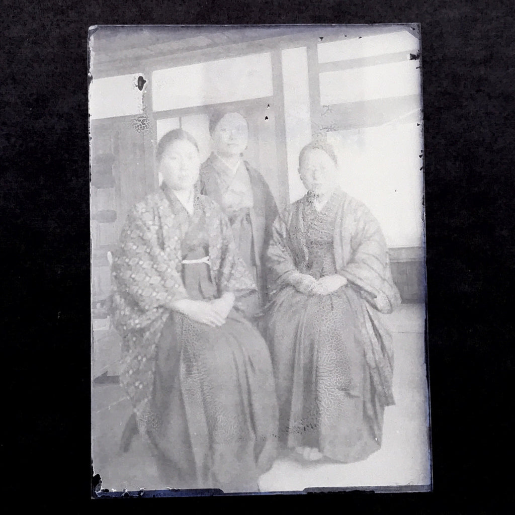 Antique Japanese Photo Glass Negative Plate C1900 3 Women Hakama Indoor GN456