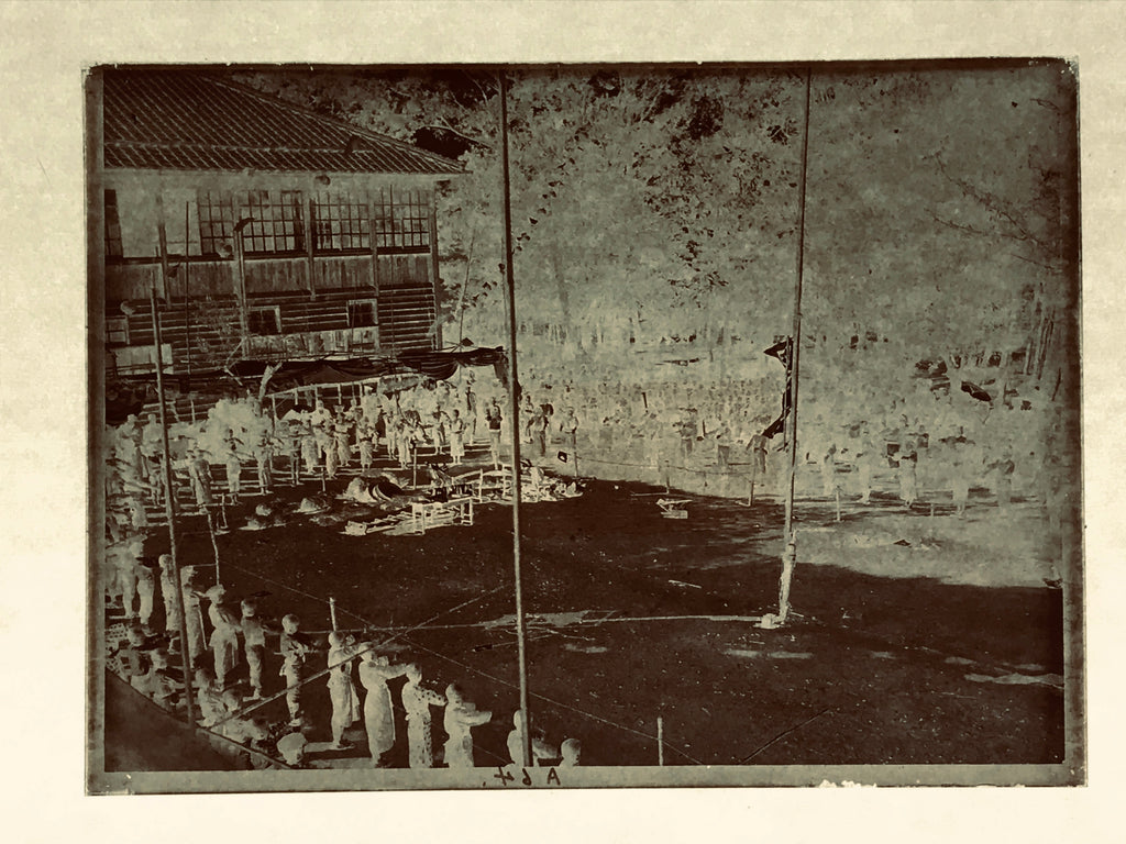 Antique Japanese Photo Glass Negative Plate C1900 Kids Schoolyard Ceremony GN449