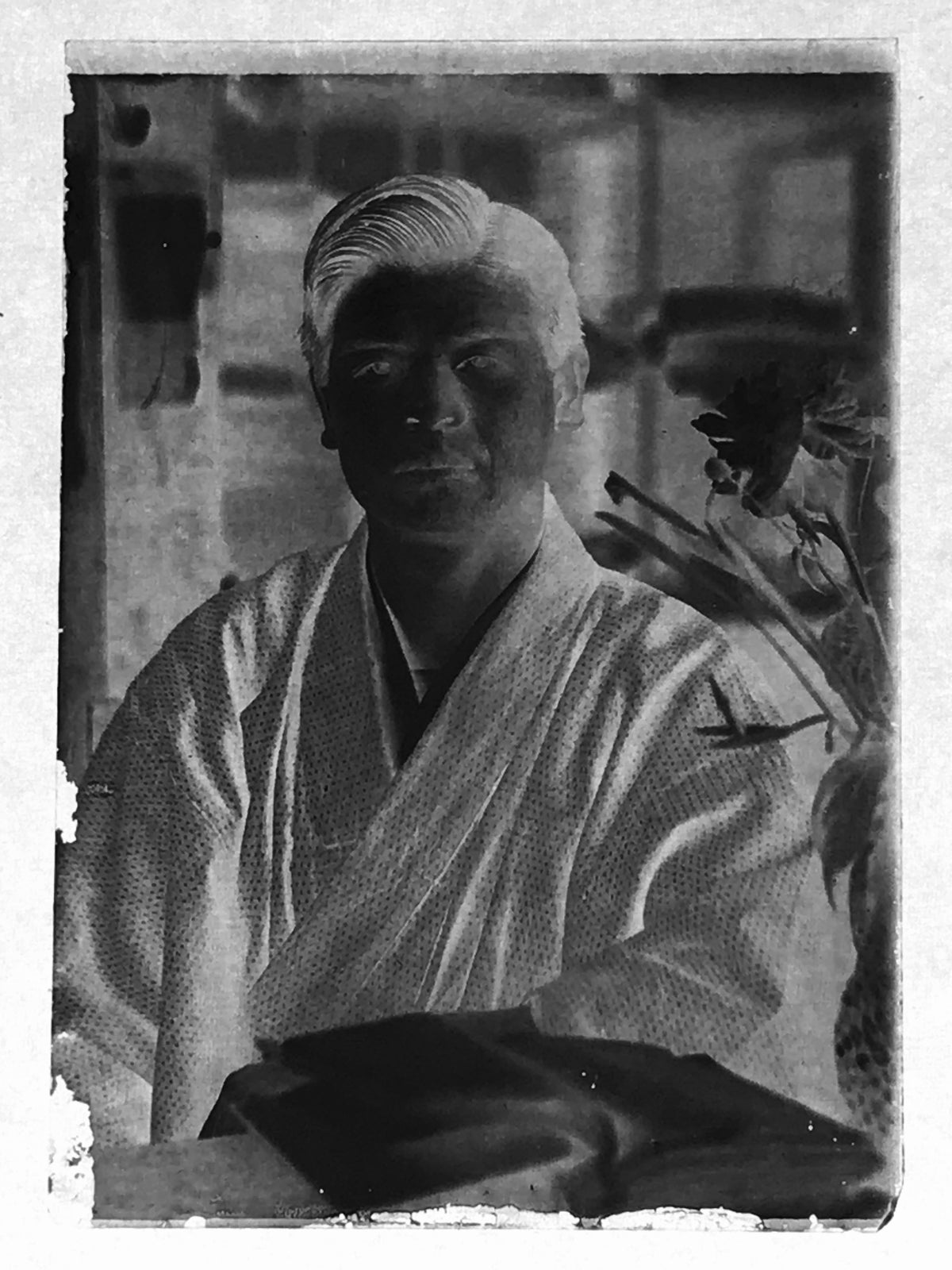 Antique Japanese Photo Glass Negative Plate C1900 Portrait Man Reading GN452