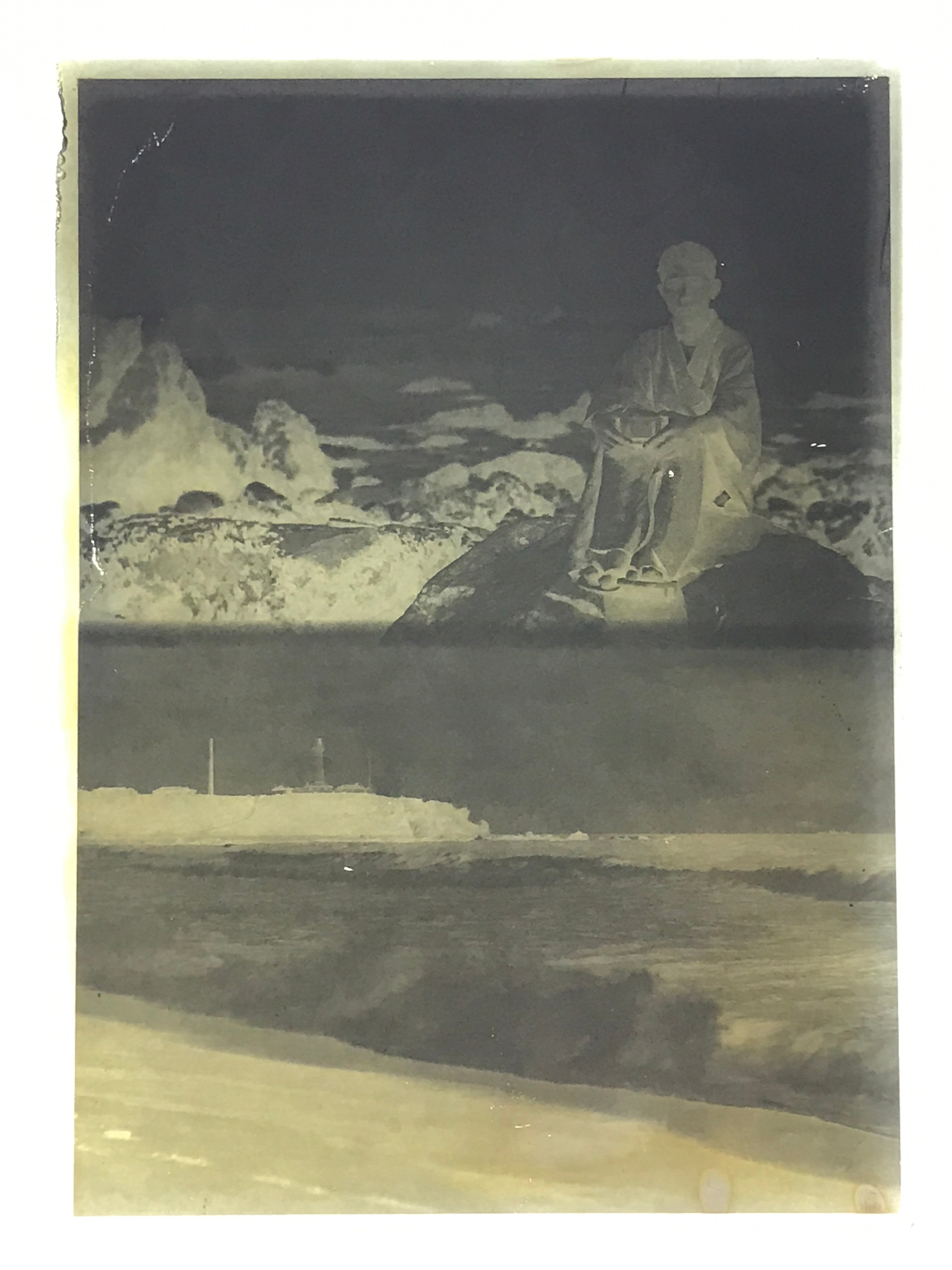 Antique Japanese Photo Glass Negative Plate C1900 Seaside Man Portrait GN448