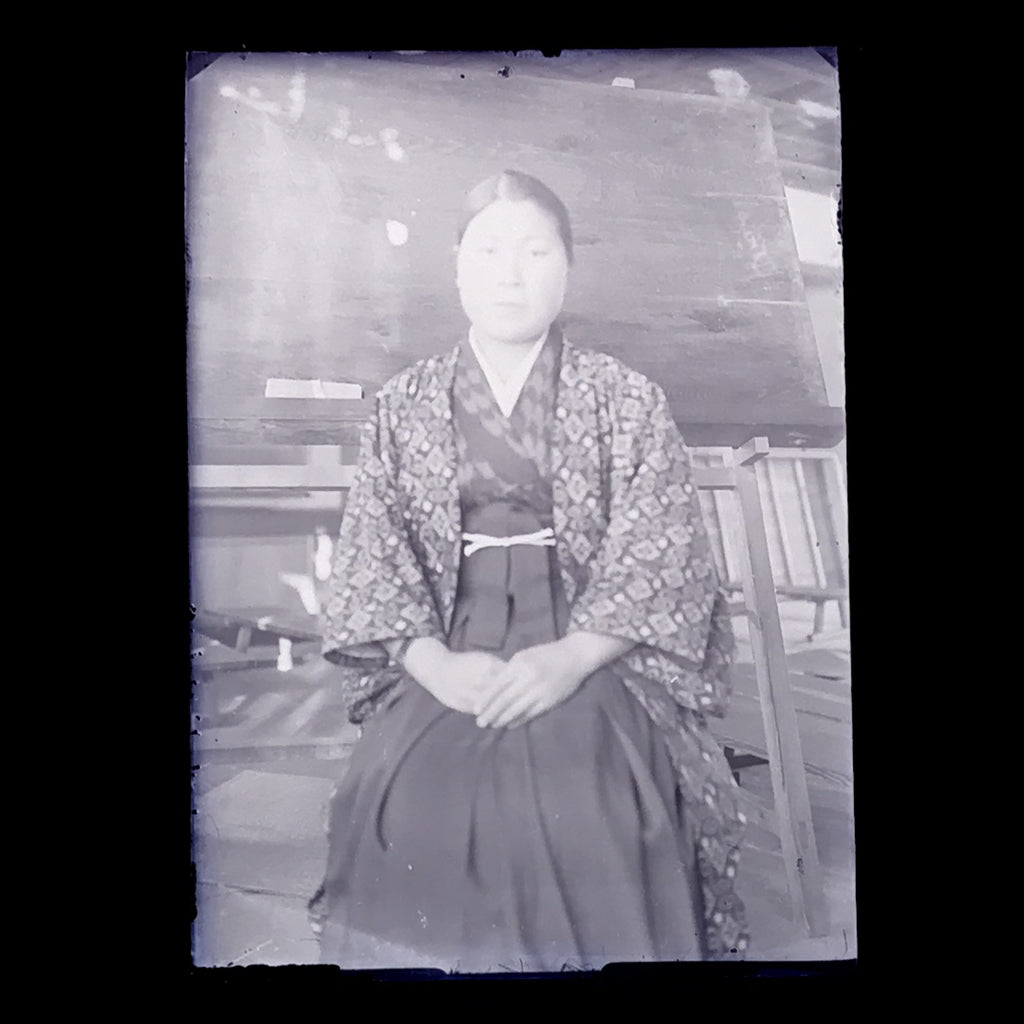 Antique Japanese Photo Glass Negative Plate C1900 Woman Chalkboard Hakama GN453
