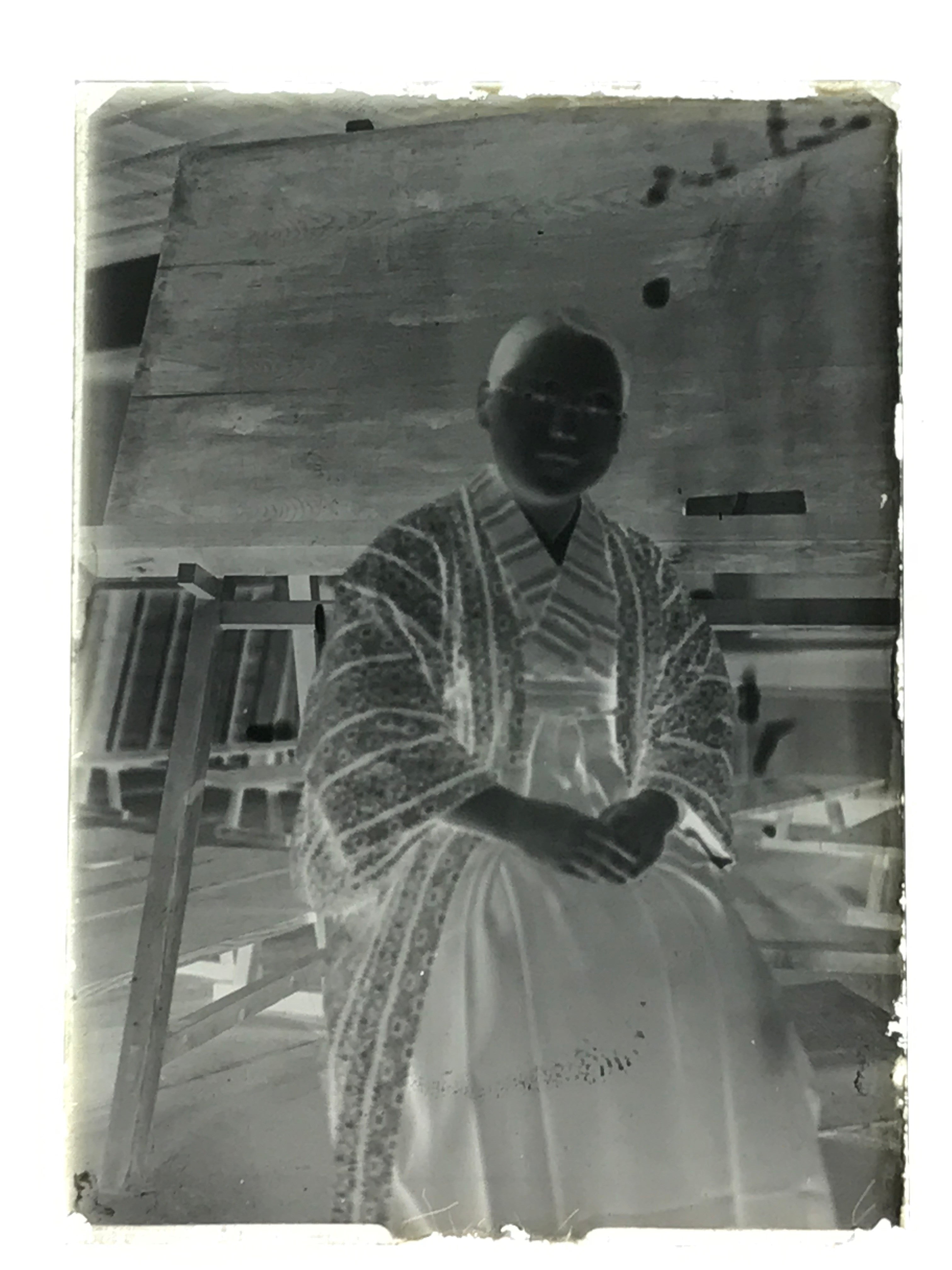 Antique Japanese Photo Glass Negative Plate C1900 Woman Glasses Hakama GN454