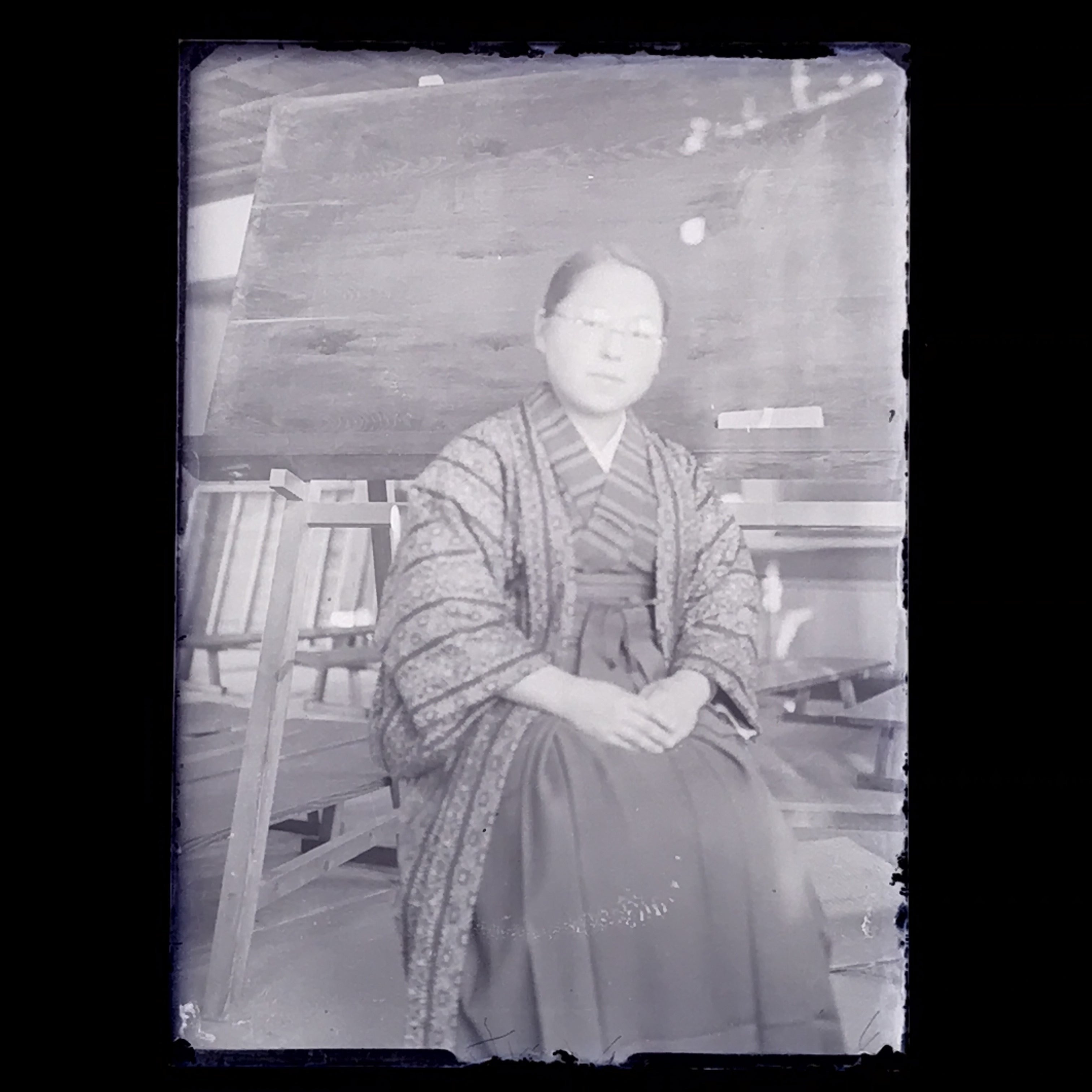 Antique Japanese Photo Glass Negative Plate C1900 Woman Glasses Hakama GN454