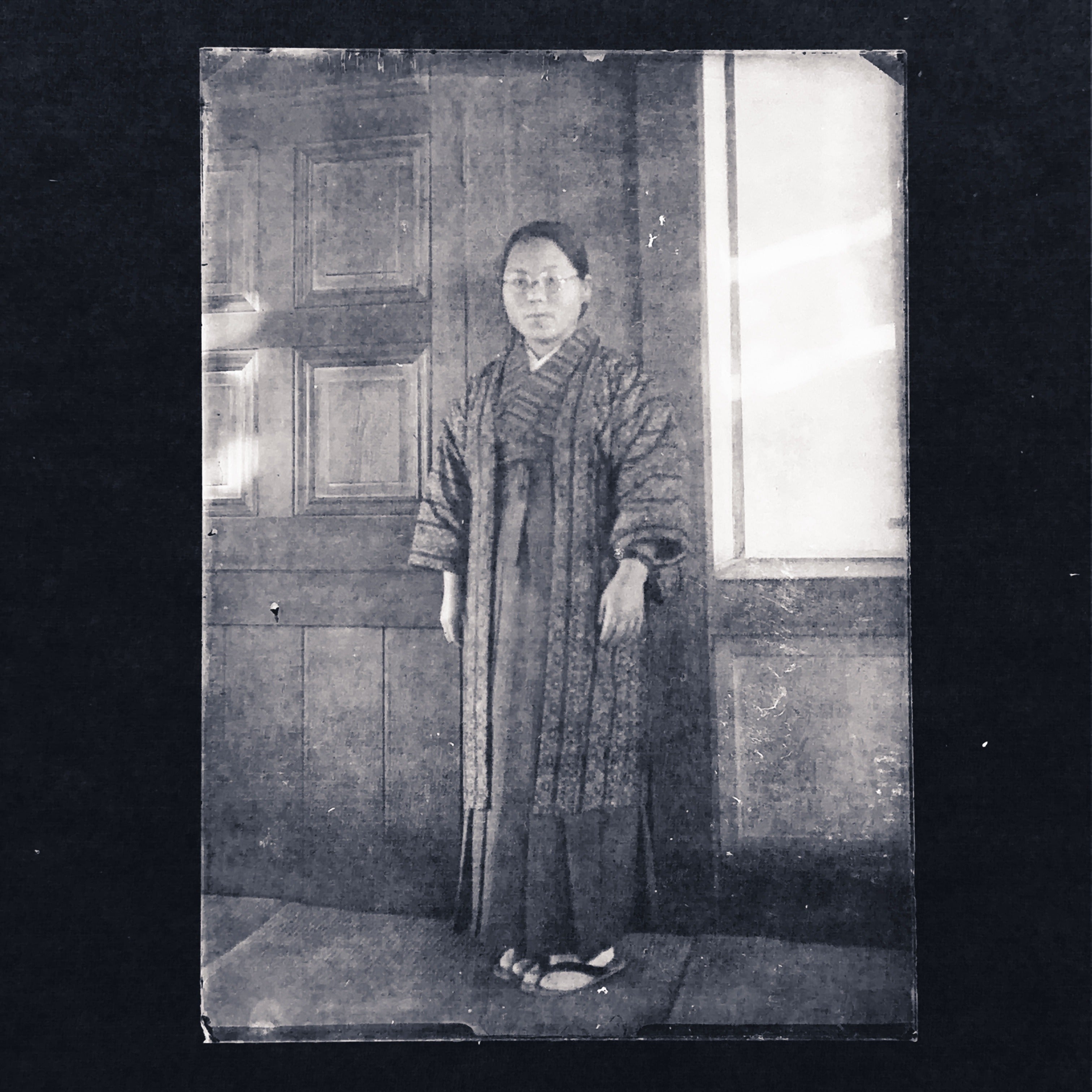 Antique Japanese Photo Glass Negative Plate C1900 Woman Glasses Standing GN455