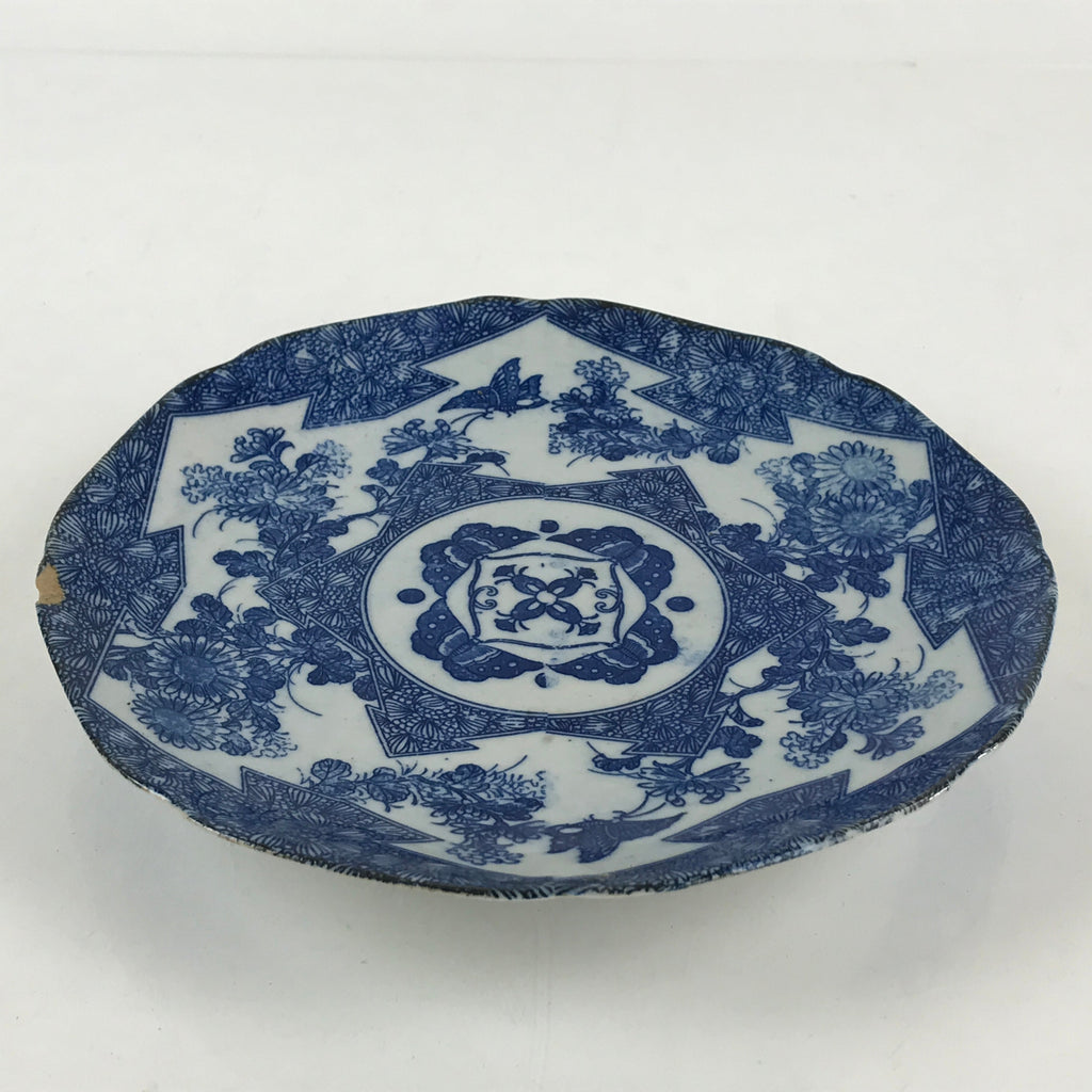 Antique Japanese Porcelain Plate Blue Sometsuke Chrysanthemum Butterfly PY281