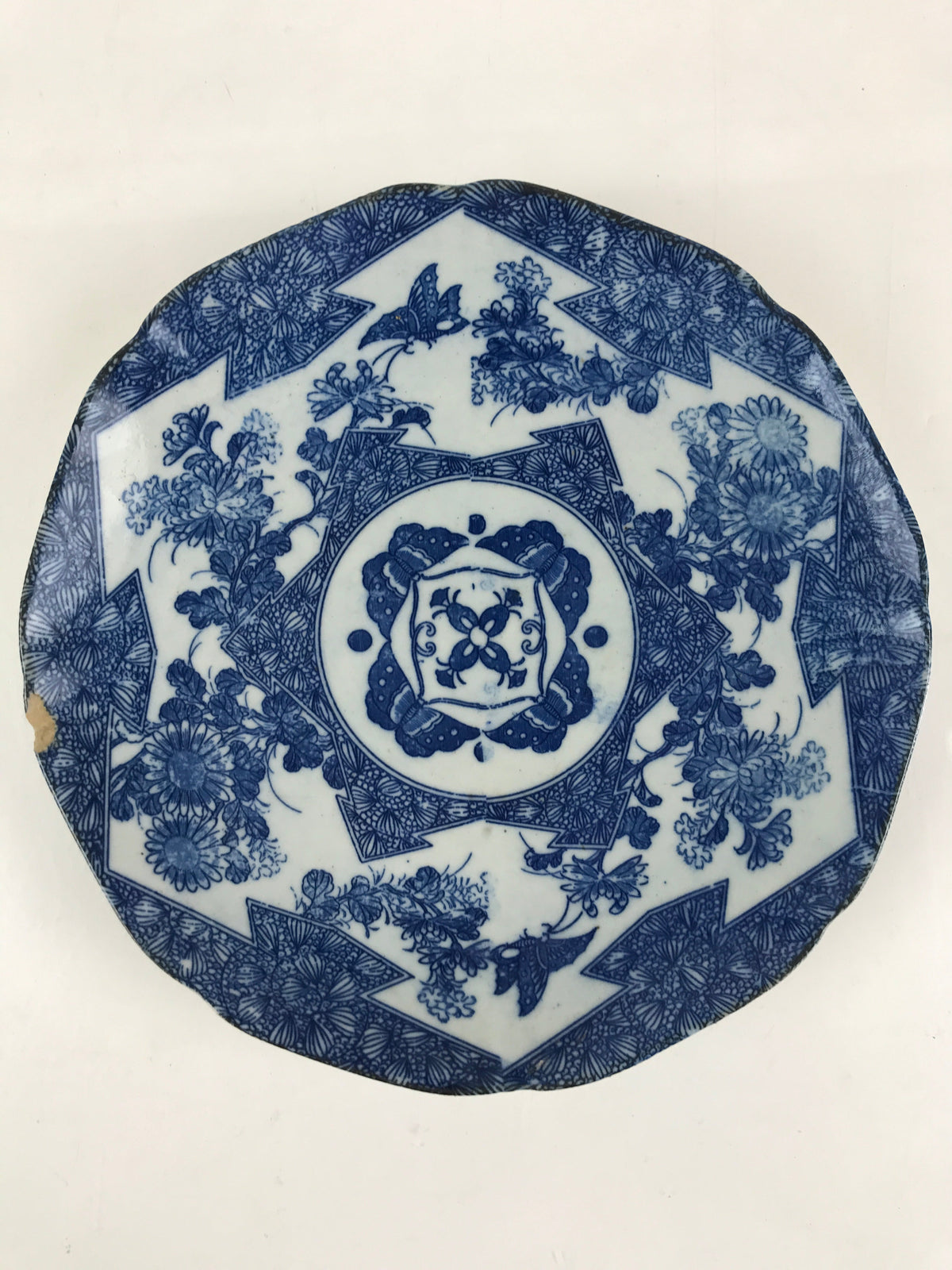 Antique Japanese Porcelain Plate Blue Sometsuke Chrysanthemum Butterfly PY281