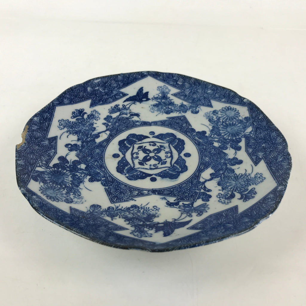 Antique Japanese Porcelain Plate Blue Sometsuke Chrysanthemum Butterfly PY283