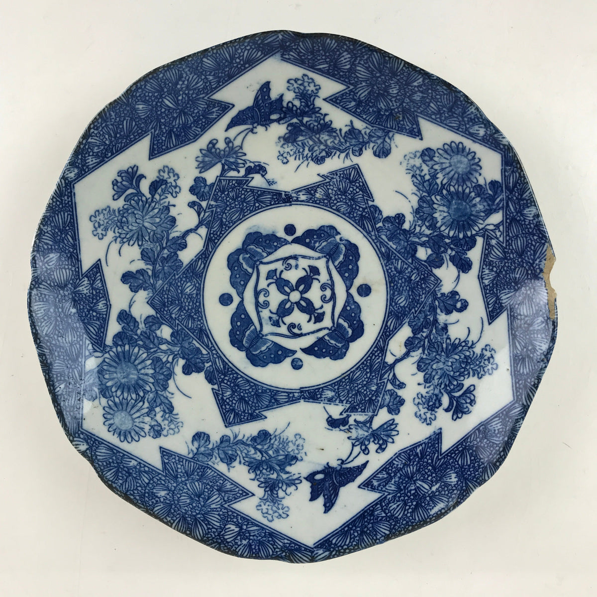 Antique Japanese Porcelain Plate Blue Sometsuke Chrysanthemum Butterfly PY283