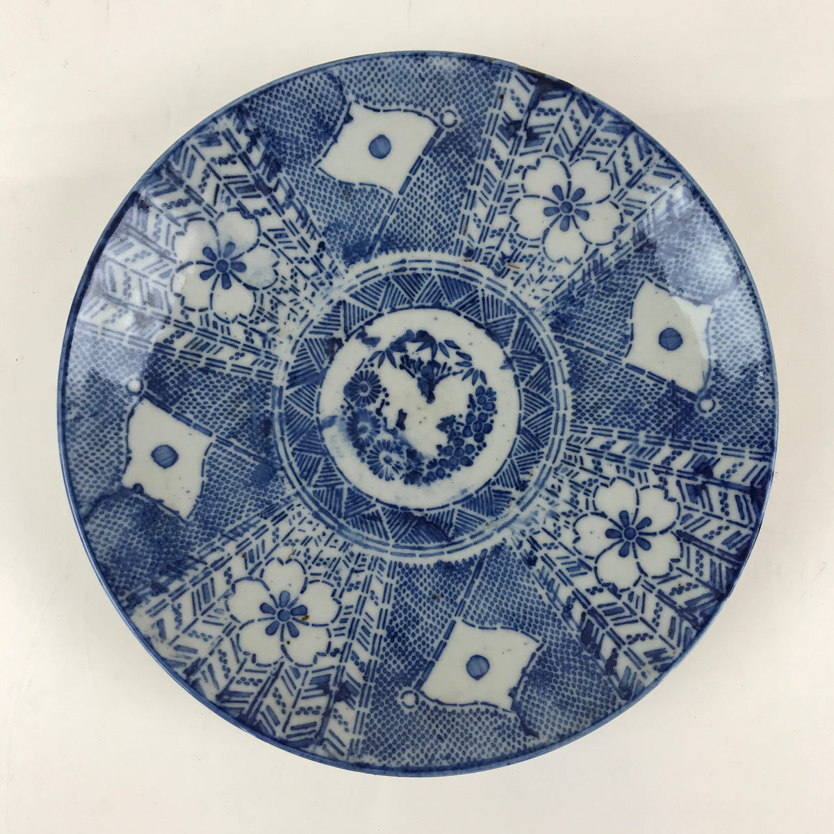 Antique Japanese Porcelain Plate Blue Sometsuke Japanese Flag Sakura PY189
