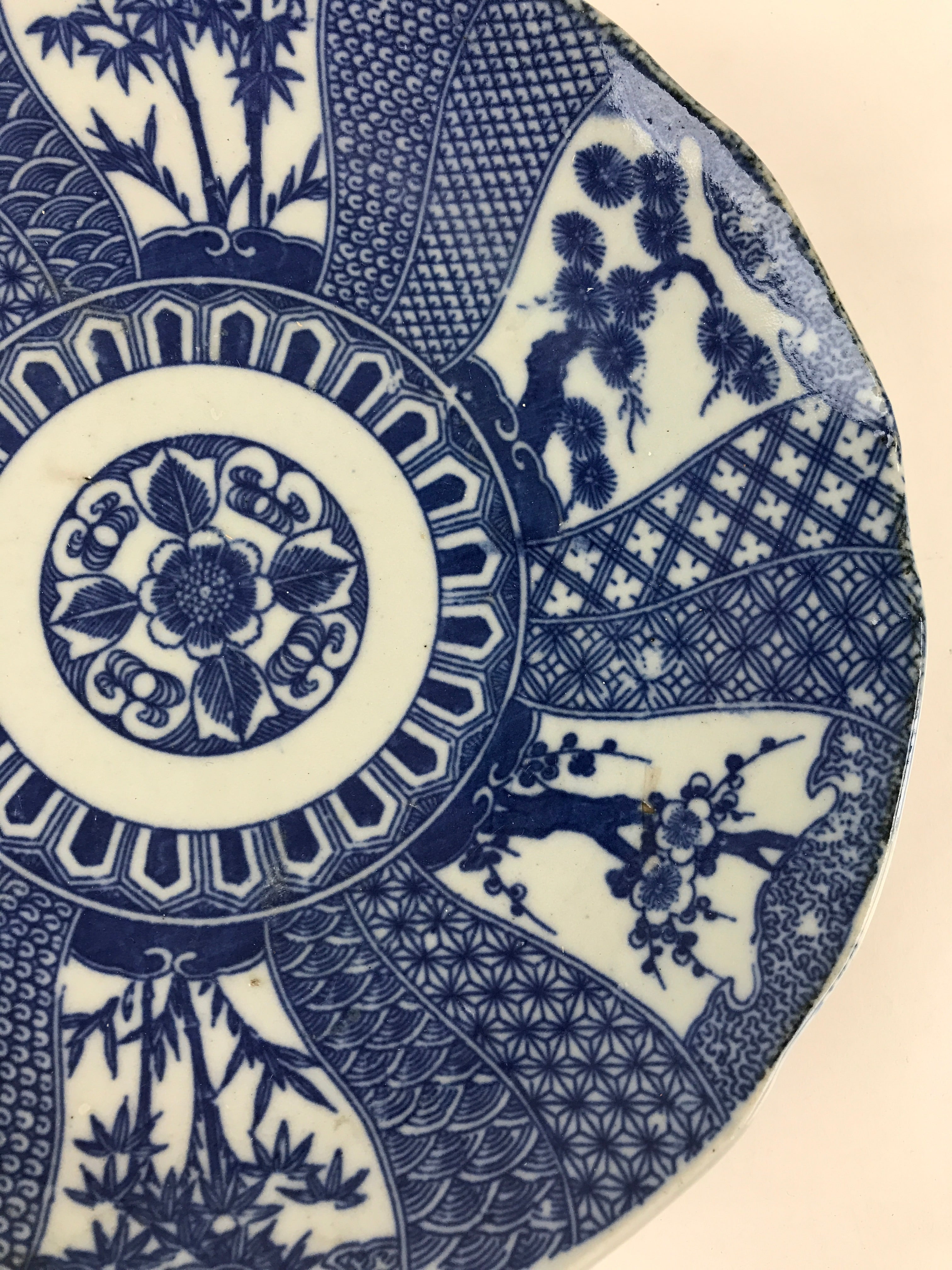 Antique Japanese Porcelain Plate Blue Sometsuke Tree Bamboo Plum Blossom PY178