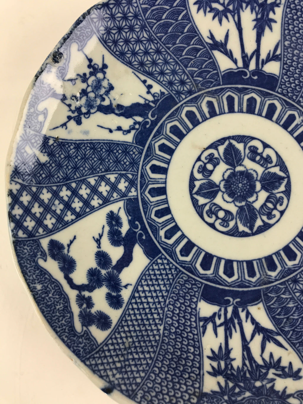 Antique Japanese Porcelain Plate Blue Sometsuke Tree Bamboo Plum Blossom PY178