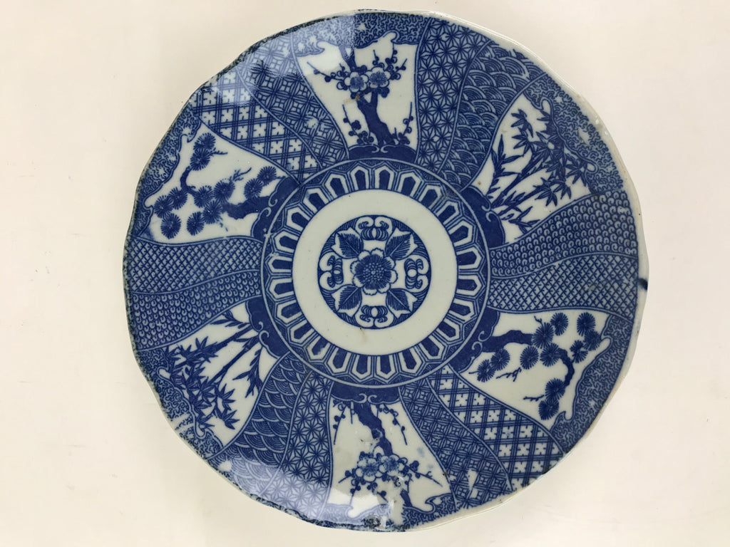 Antique Japanese Porcelain Plate Blue Sometsuke Tree Bamboo Plum Blossom PY178