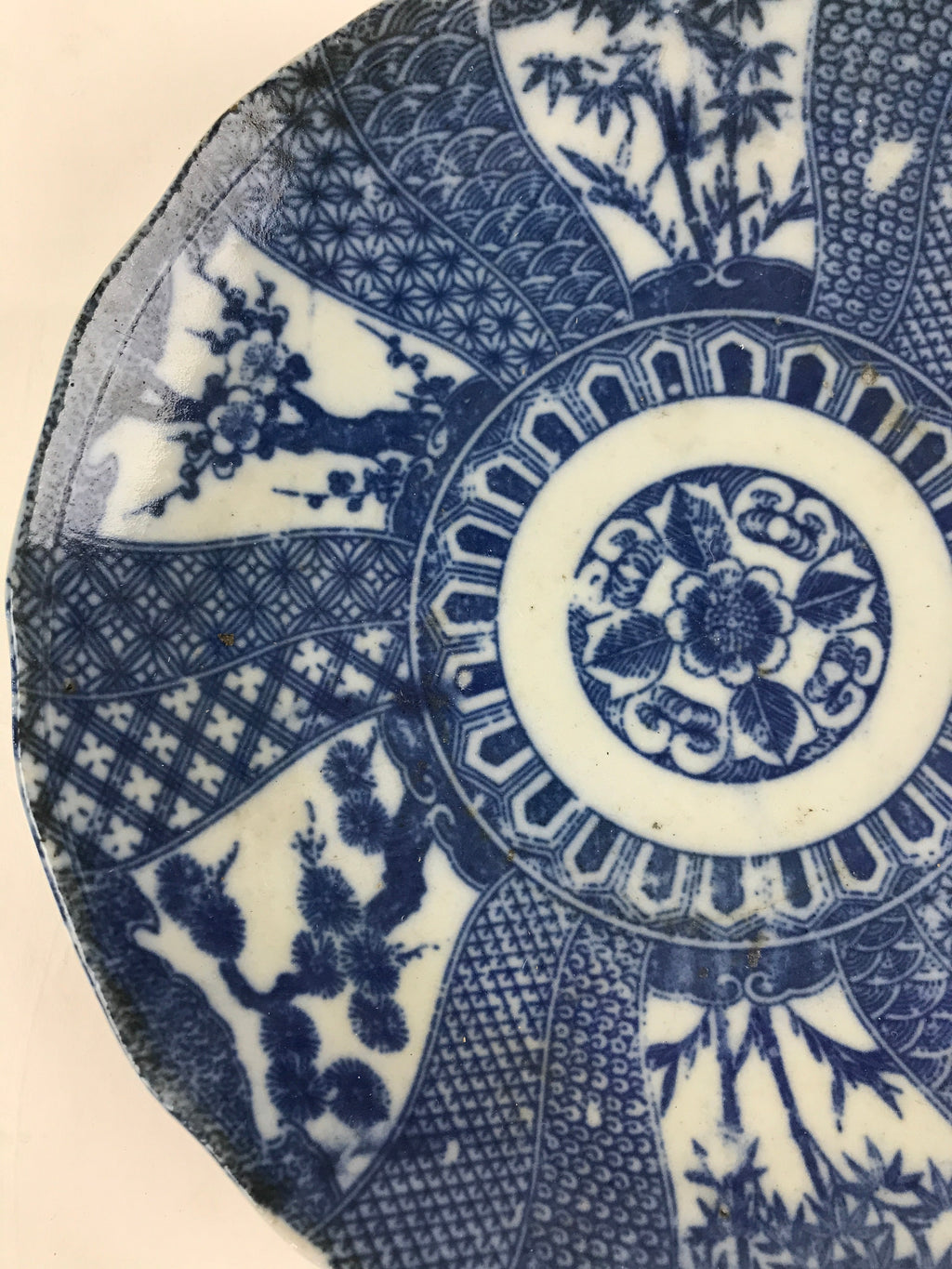 Antique Japanese Porcelain Plate Blue Sometsuke Tree Bamboo Plum Blossom PY180