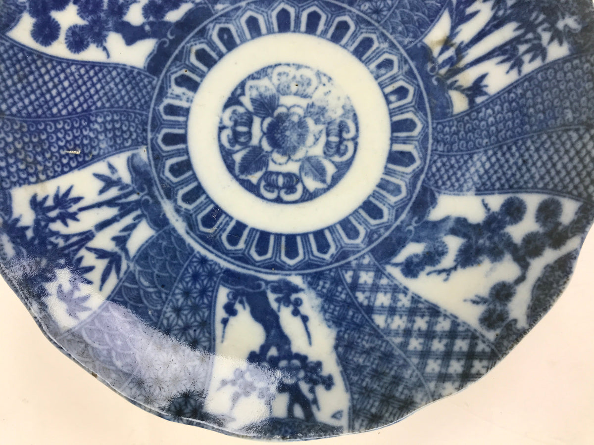 Antique Japanese Porcelain Plate Blue Sometsuke Tree Bamboo Plum Blossom PY181