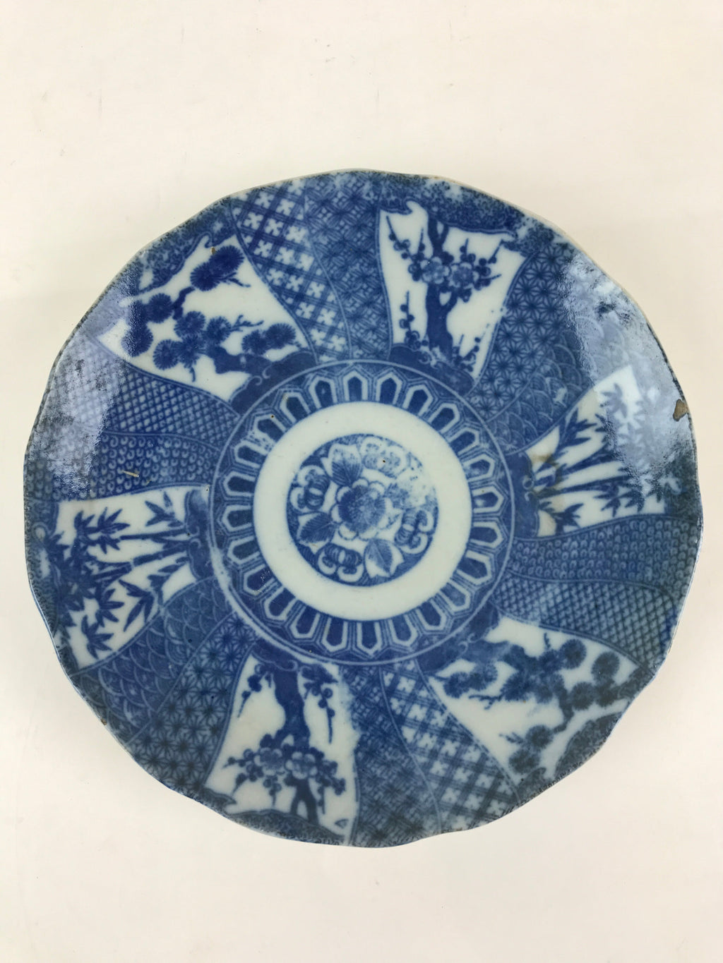 Antique Japanese Porcelain Plate Blue Sometsuke Tree Bamboo Plum Blossom PY181