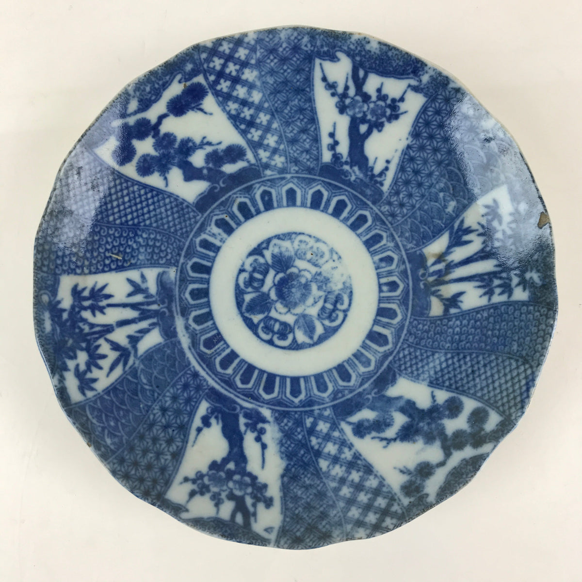 Antique Japanese Porcelain Plate Blue Sometsuke Tree Bamboo Plum Blossom PY181