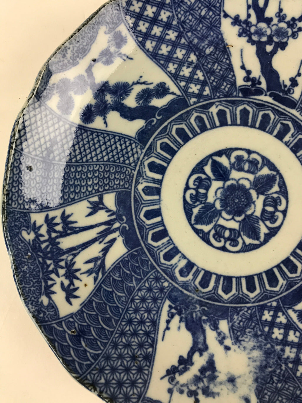 Antique Japanese Porcelain Plate Blue Sometsuke Tree Bamboo Plum Blossom PY182