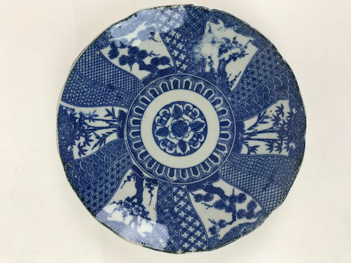 Antique Japanese Porcelain Plate Blue Sometsuke Tree Bamboo Plum Blossom PY182