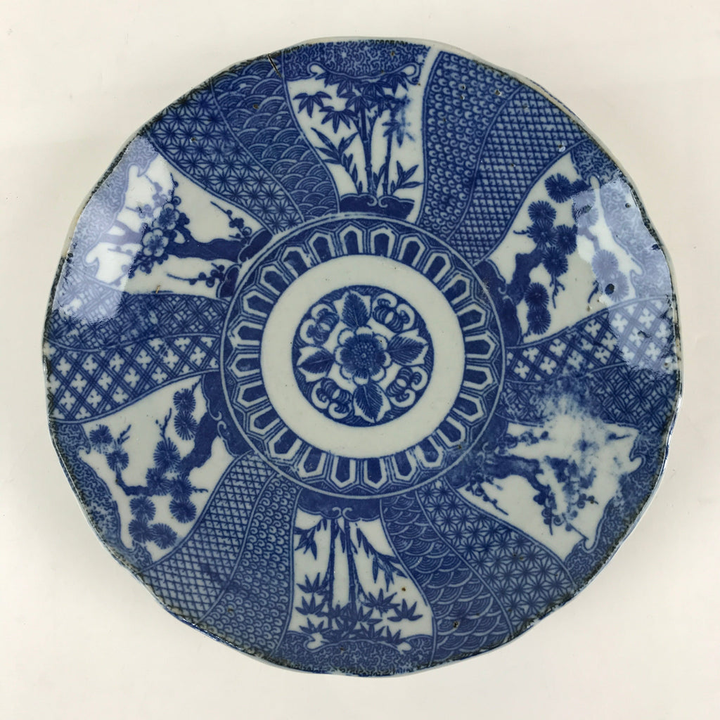 Antique Japanese Porcelain Plate Blue Sometsuke Tree Bamboo Plum Blossom PY182