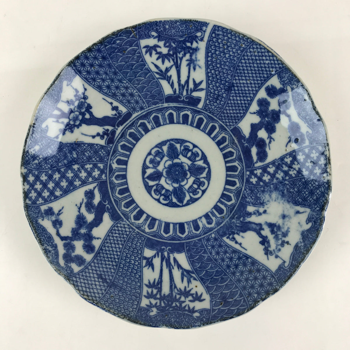 Antique Japanese Porcelain Plate Blue Sometsuke Tree Bamboo Plum Blossom PY182