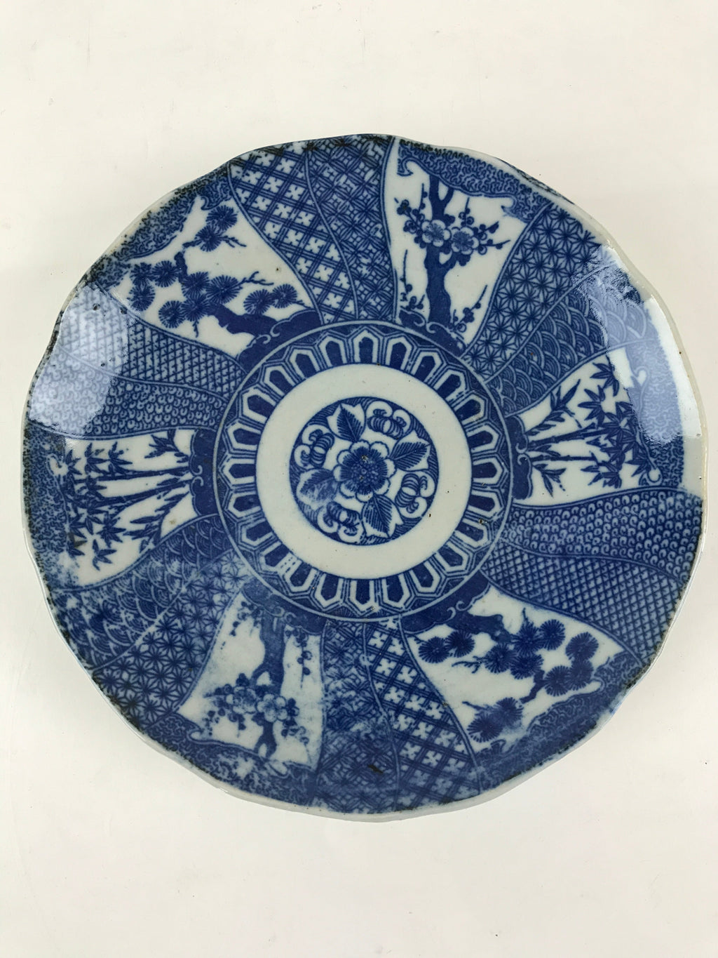 Antique Japanese Porcelain Plate Blue Sometsuke Tree Bamboo Plum Blossom PY184