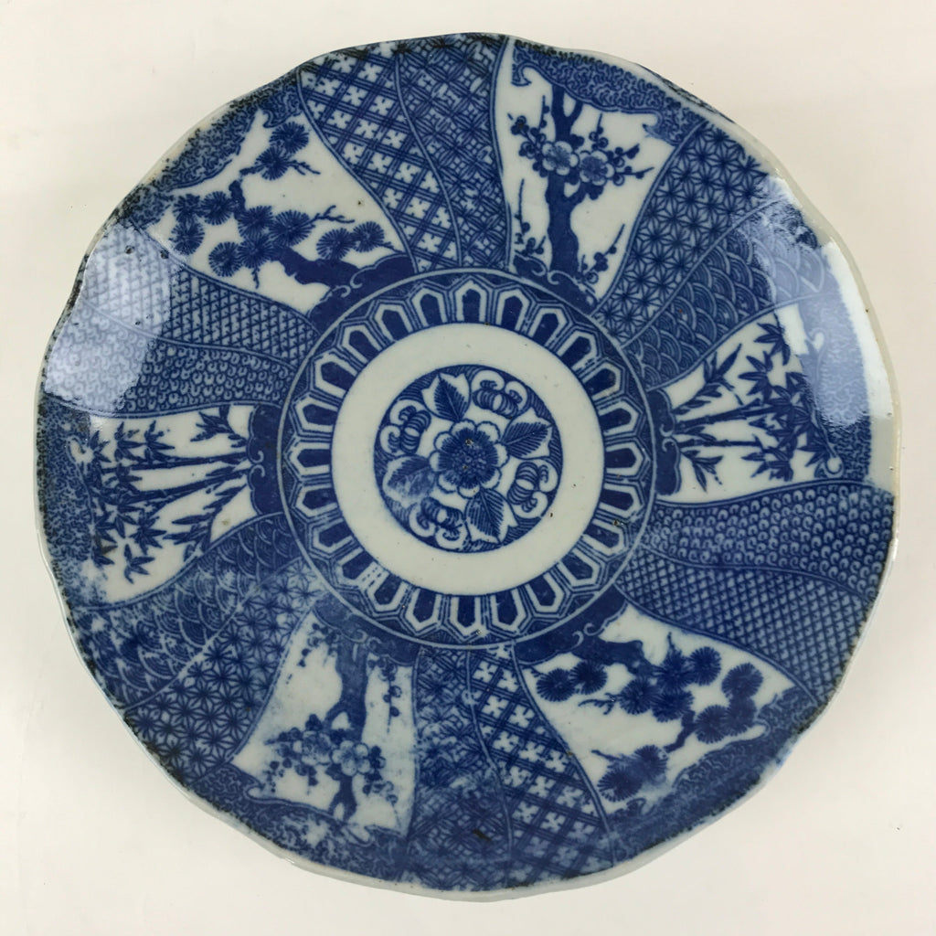 Antique Japanese Porcelain Plate Blue Sometsuke Tree Bamboo Plum Blossom PY184
