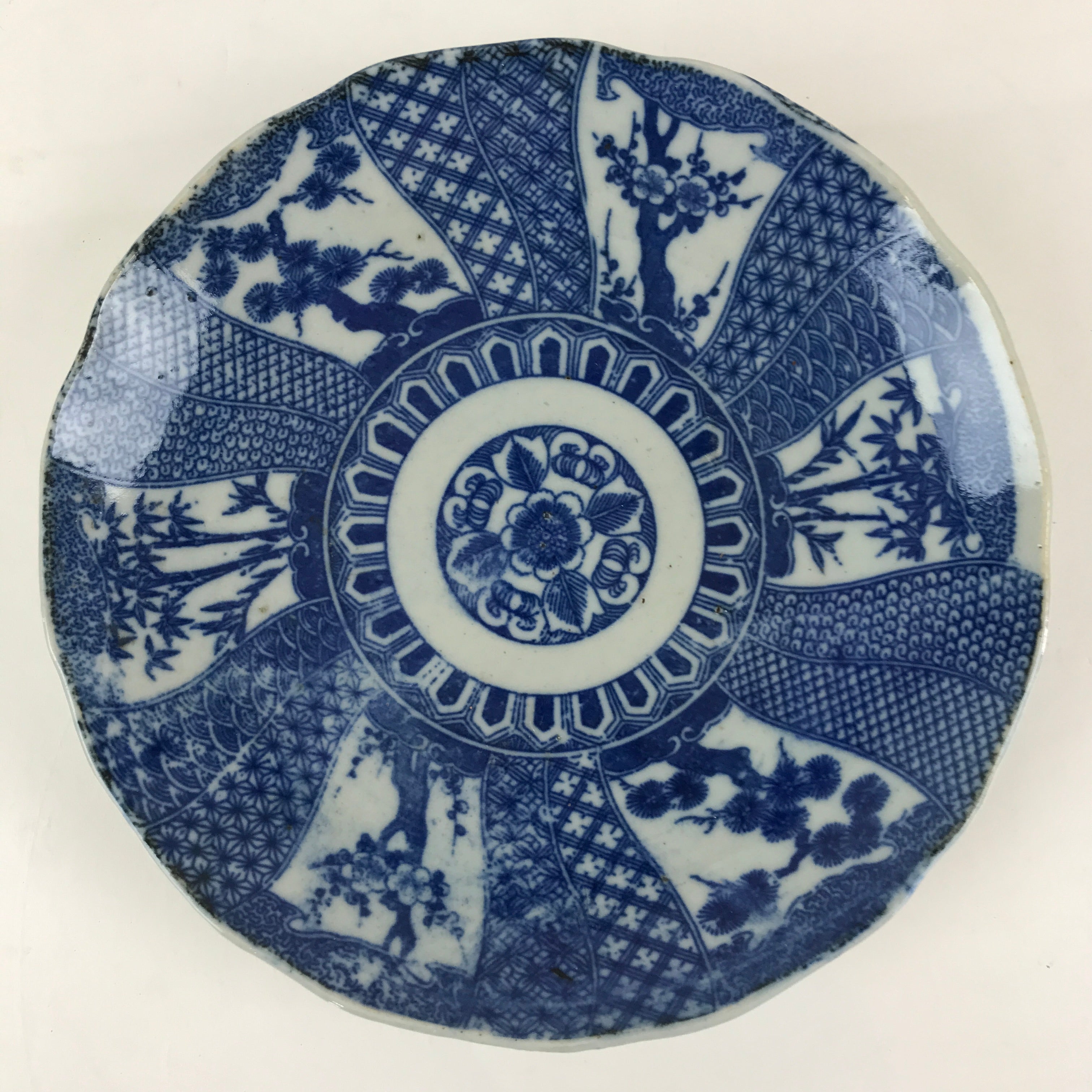 Antique Japanese Porcelain Plate Blue Sometsuke Tree Bamboo Plum Blossom PY184