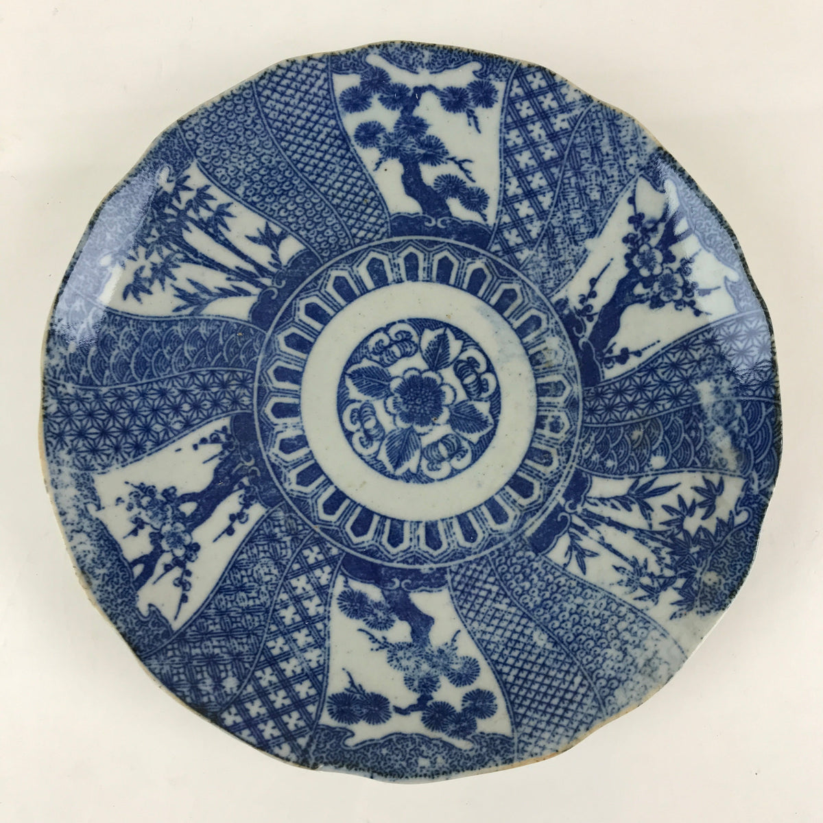 Antique Japanese Porcelain Plate Blue Sometsuke Tree Bamboo Plum Blossom PY185