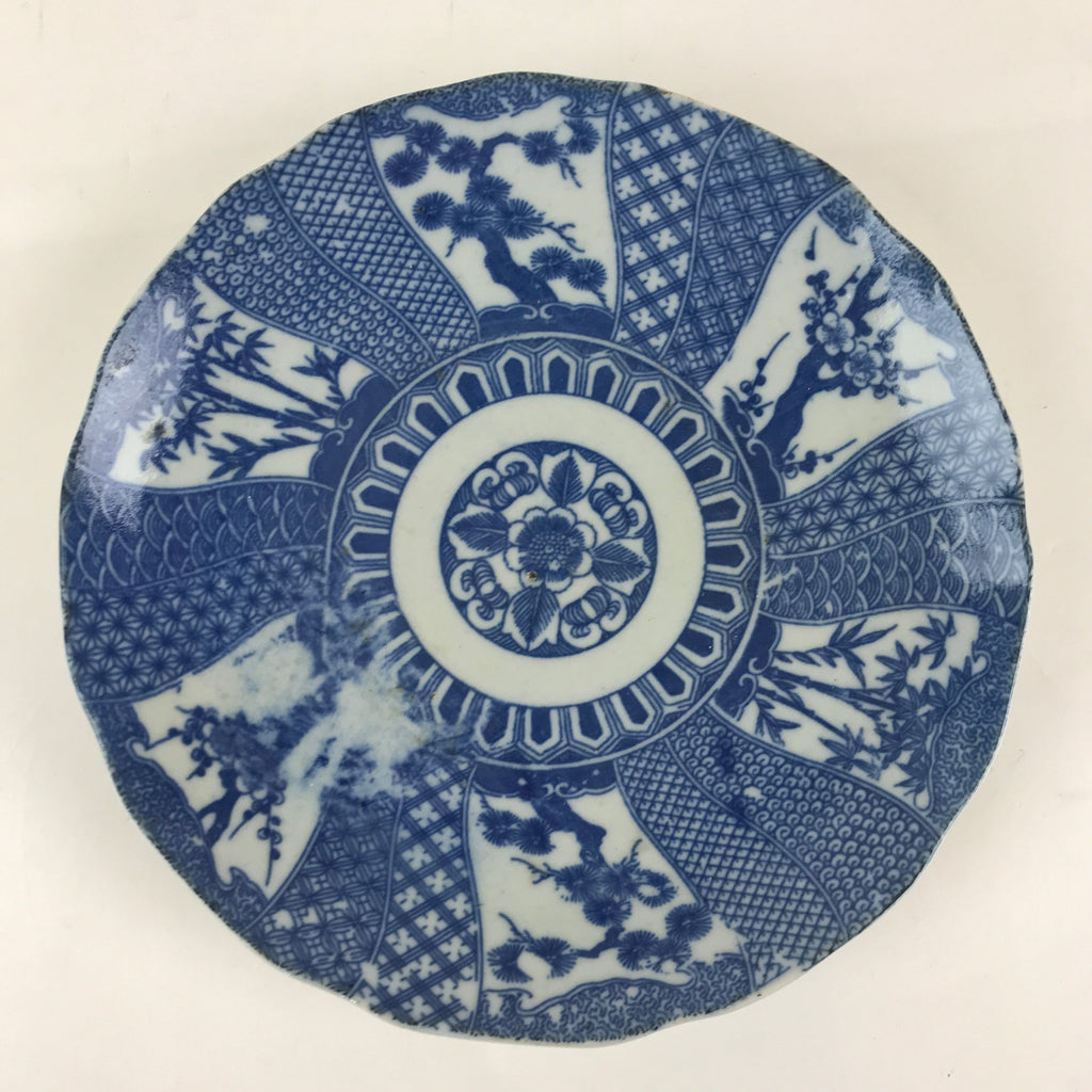 Antique Japanese Porcelain Plate Blue Sometsuke Tree Bamboo Plum Blossom PY186