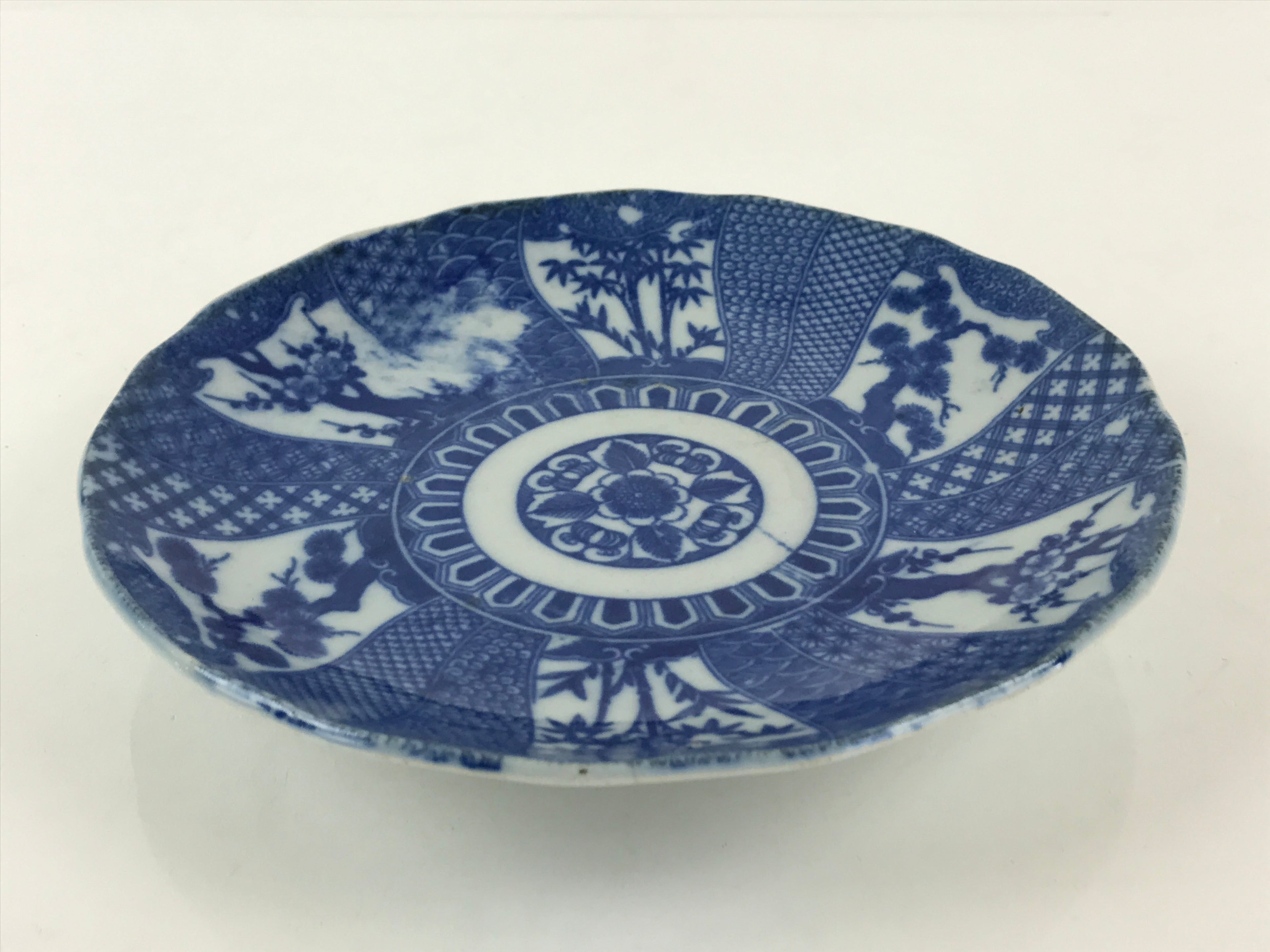 Antique Japanese Porcelain Plate Blue Sometsuke Tree Bamboo Plum Blossom PY187