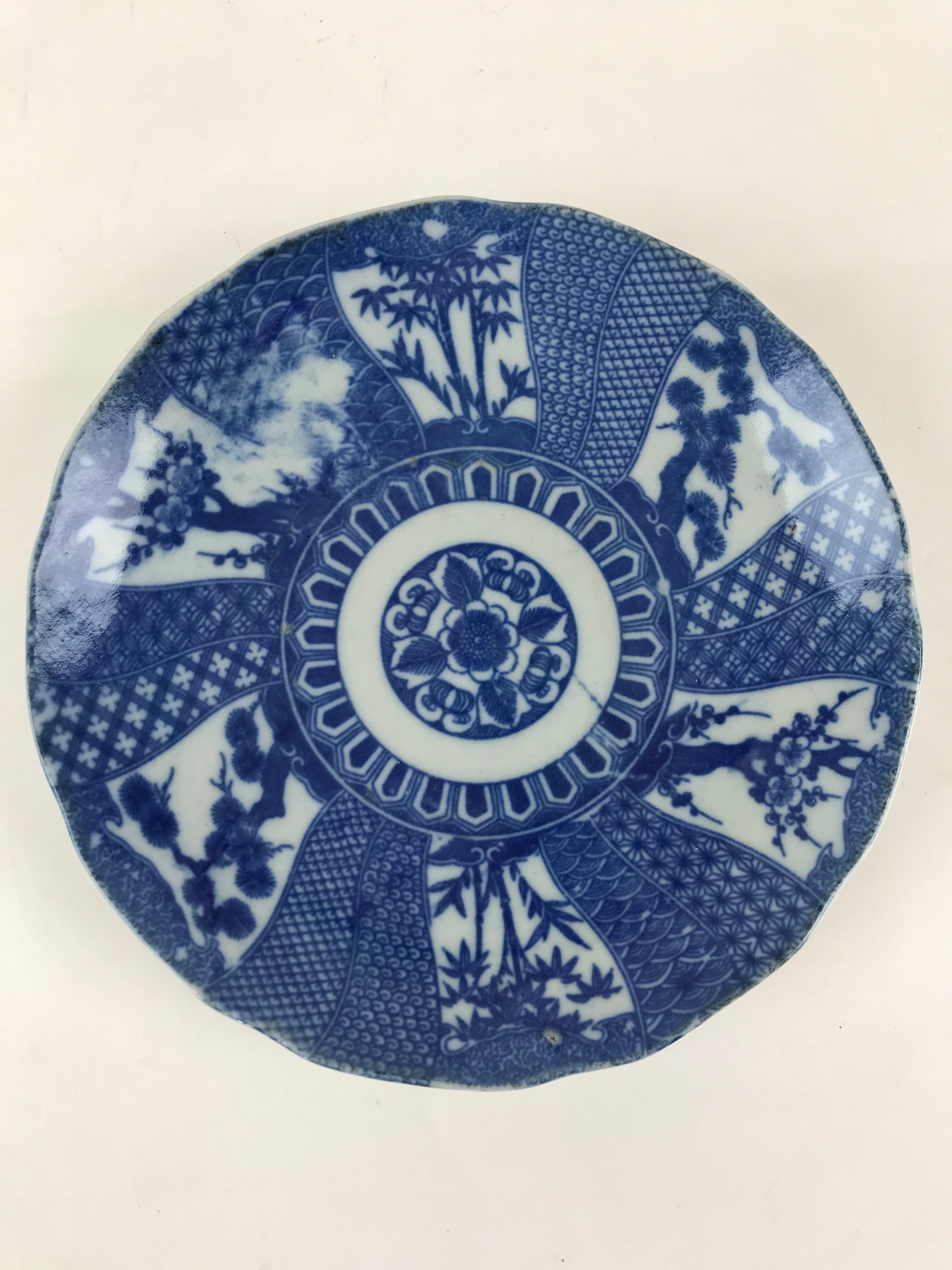 Antique Japanese Porcelain Plate Blue Sometsuke Tree Bamboo Plum Blossom PY187
