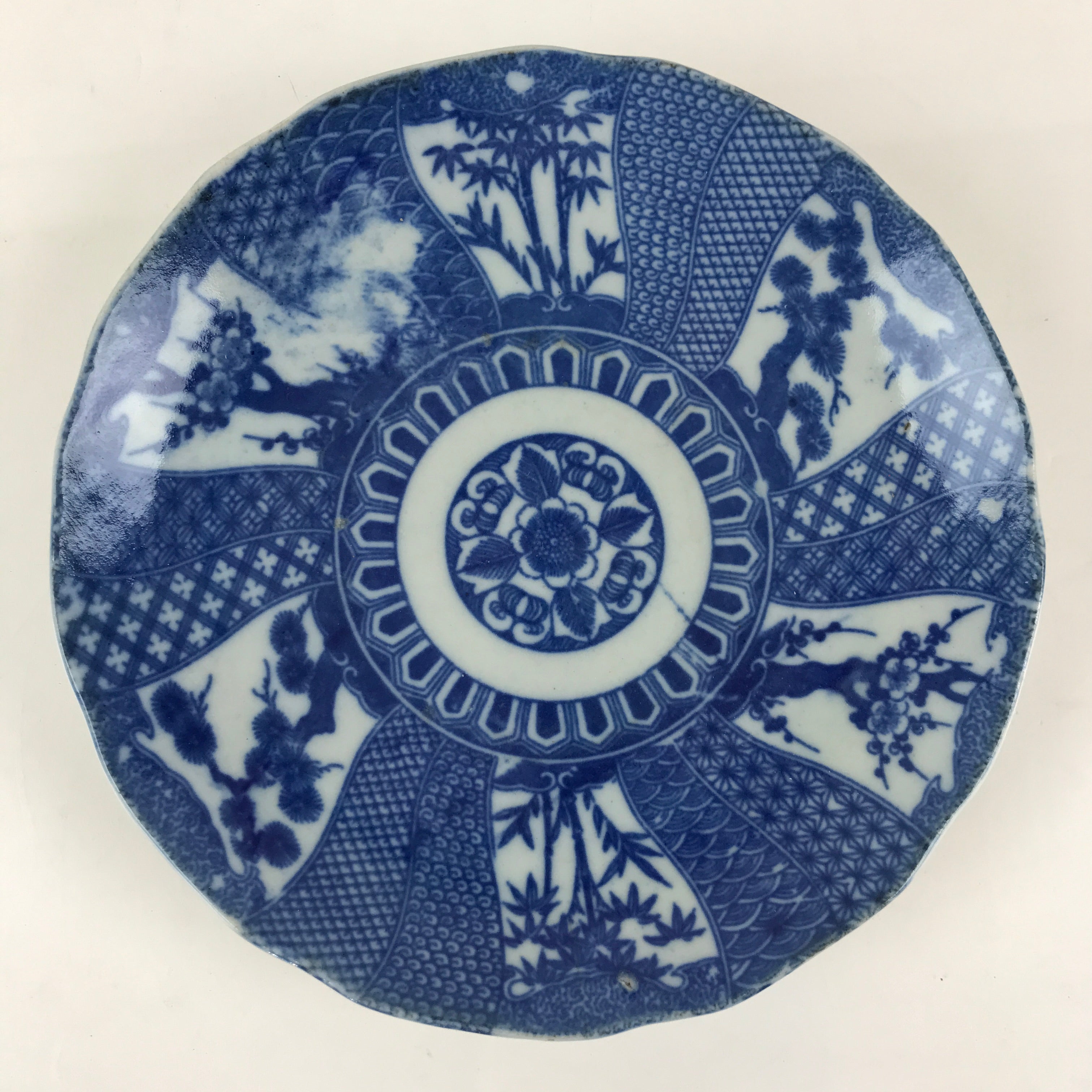 Antique Japanese Porcelain Plate Blue Sometsuke Tree Bamboo Plum Blossom PY187