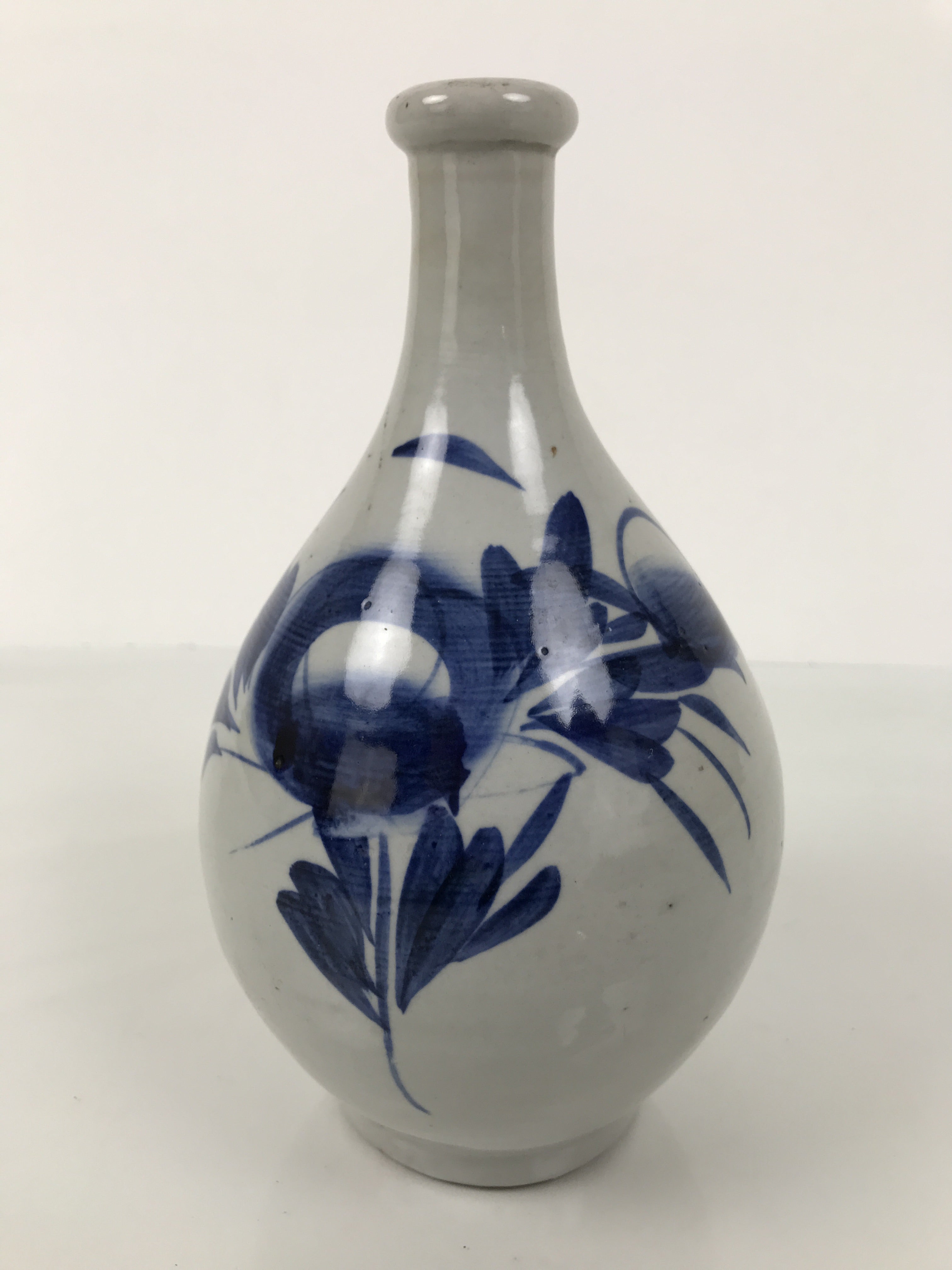 Antique Japanese Porcelain Sake Bottle Tokkuri Gray Blue Floral Long Neck TS900