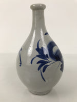 Antique Japanese Porcelain Sake Bottle Tokkuri Gray Blue Floral Long Neck TS900