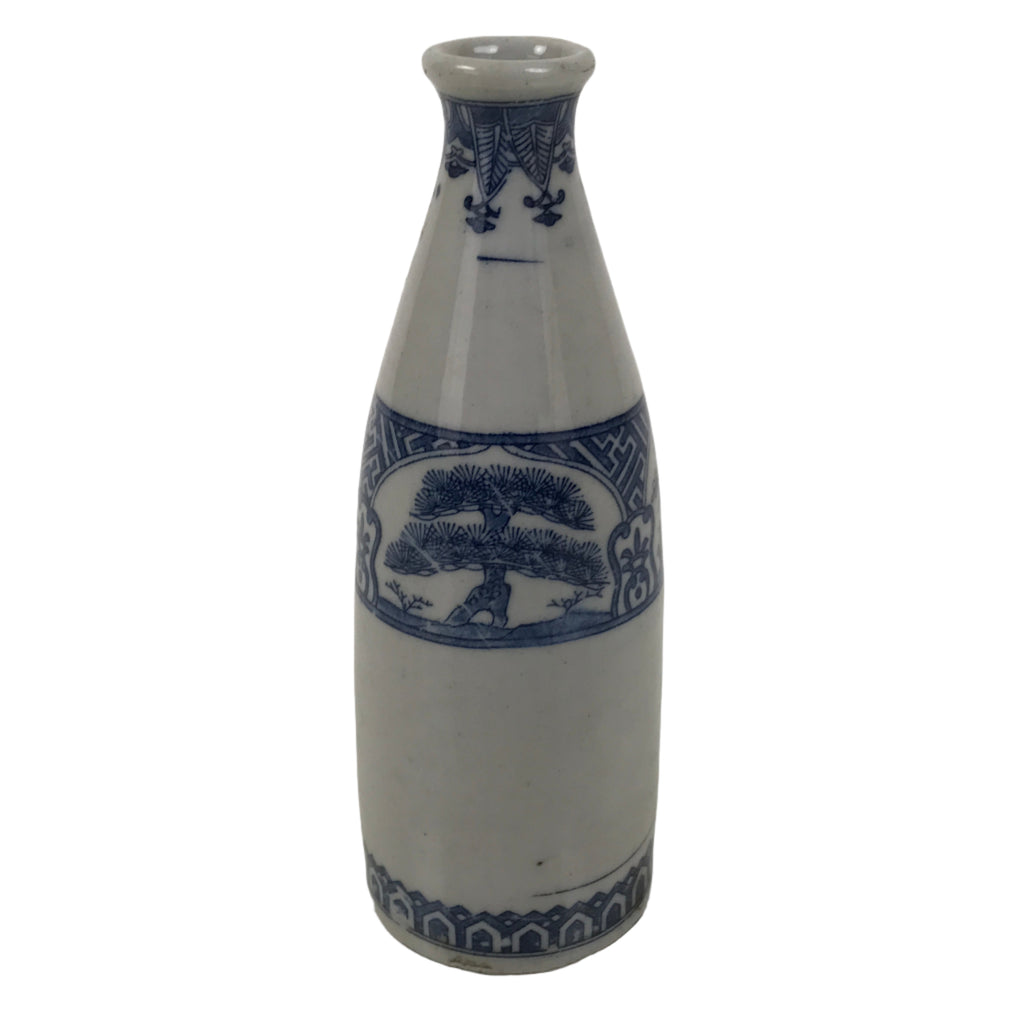Antique Japanese Porcelain Sake Bottle Tokkuri White Blue Shochikubai Pine TS818